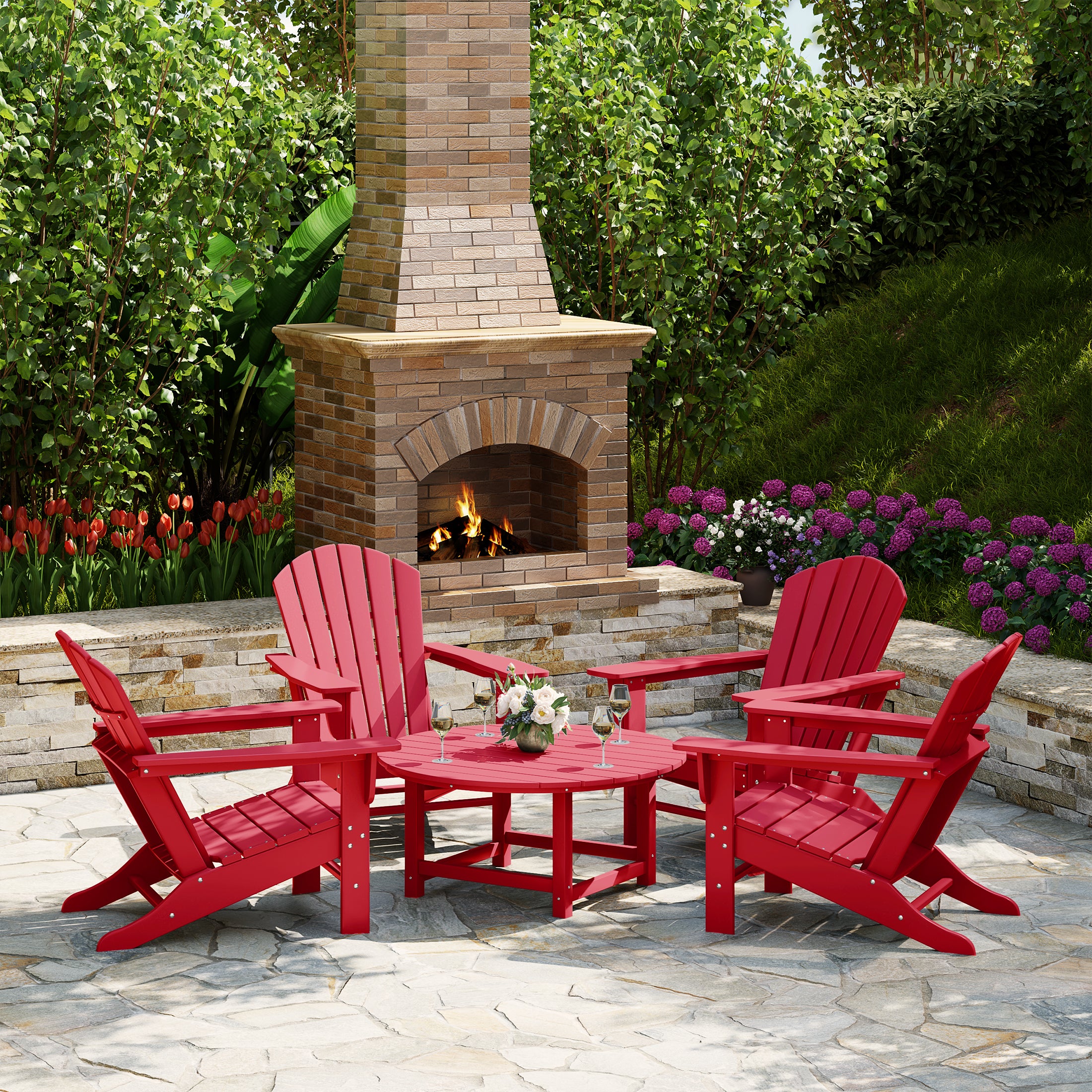 Portside 5-Piece Outdoor Patio HDPE Adirondack Chair With Round Coffee Table Conversation Set