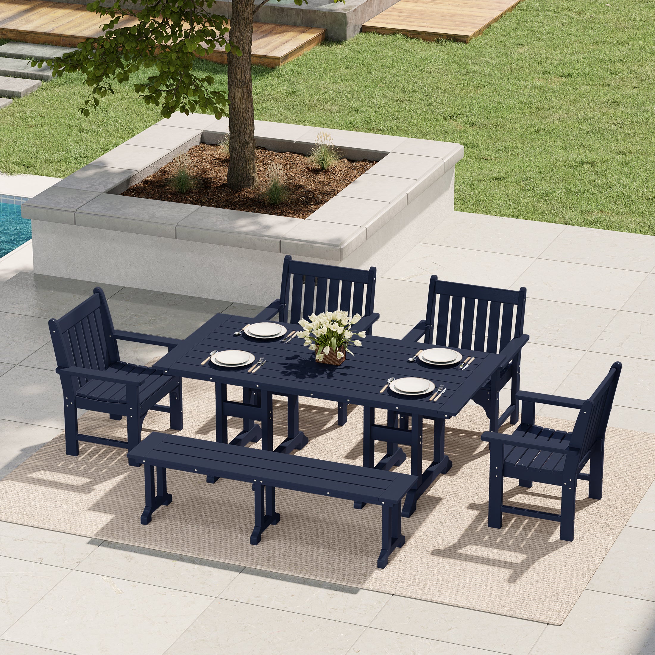 Paradise 6-Piece HDPE Outdoor Rectangular Dining Patio Table and Chairs Set