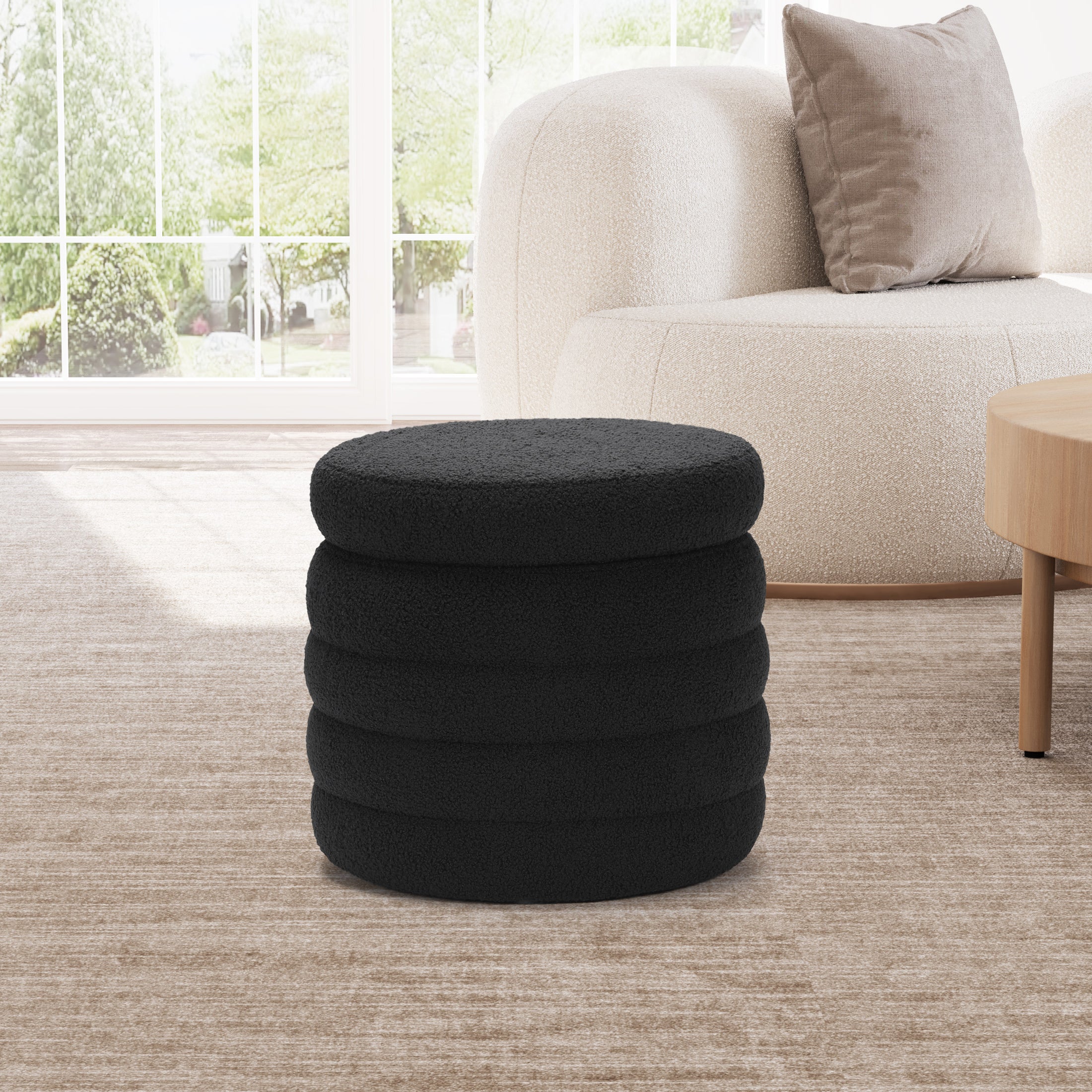 Celine Mid-Century Modern Faux Sherpa Round Ottoman With Storage