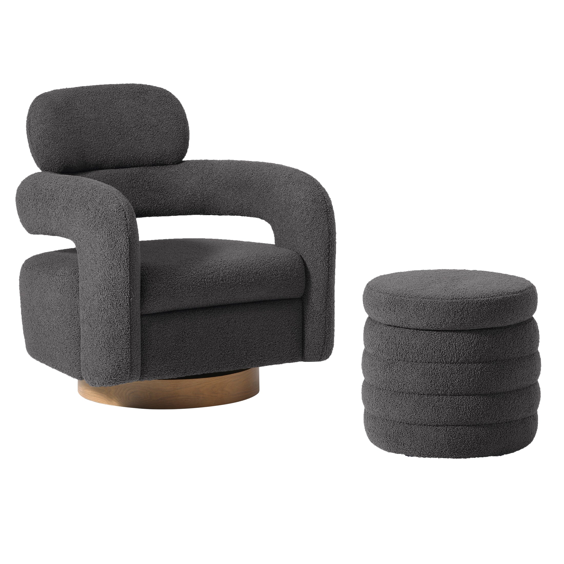 Celine Mid-Century Modern Sherpa Swivel Barrel Accent Chair With Round Storage Ottoman