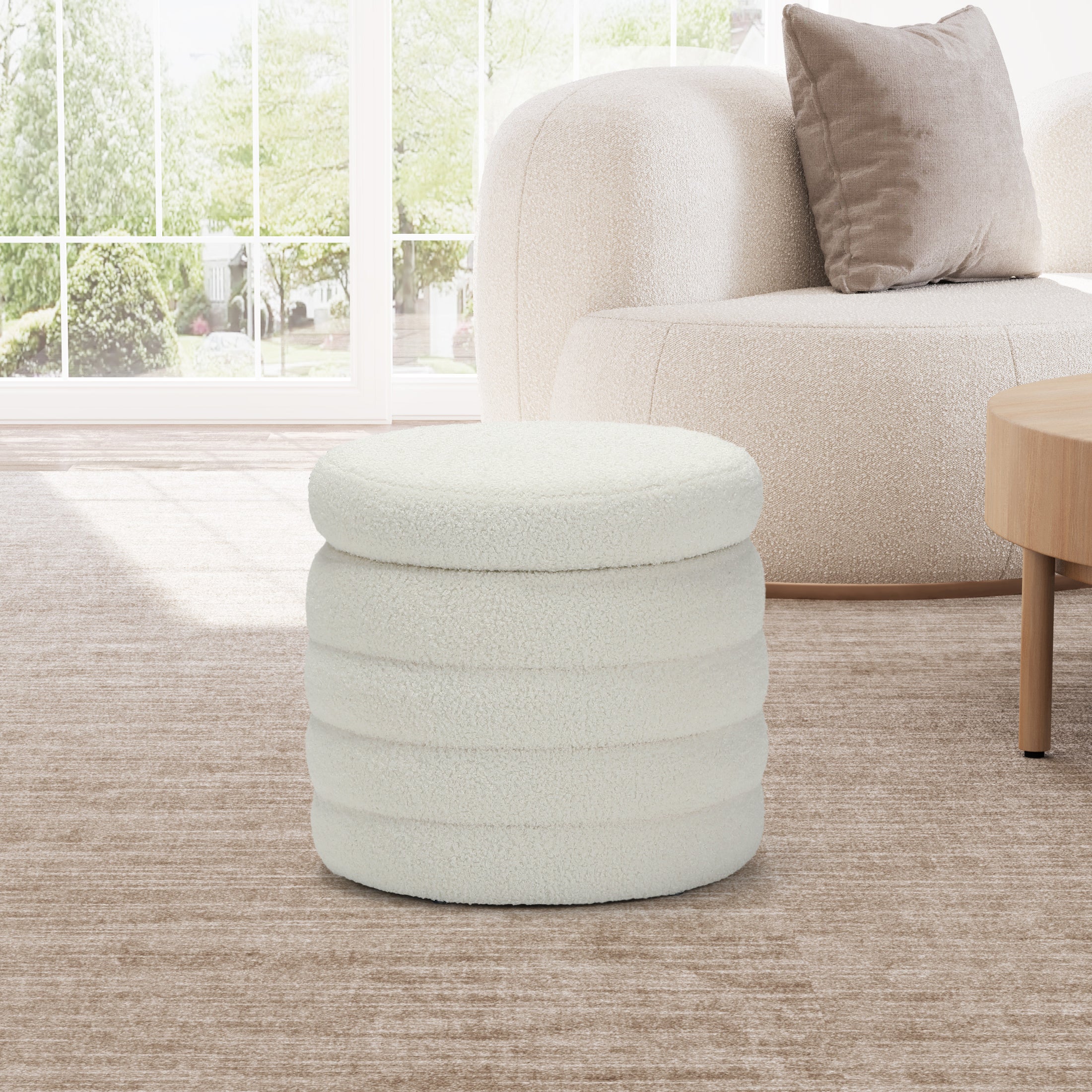 Celine Mid-Century Modern Faux Sherpa Round Ottoman With Storage