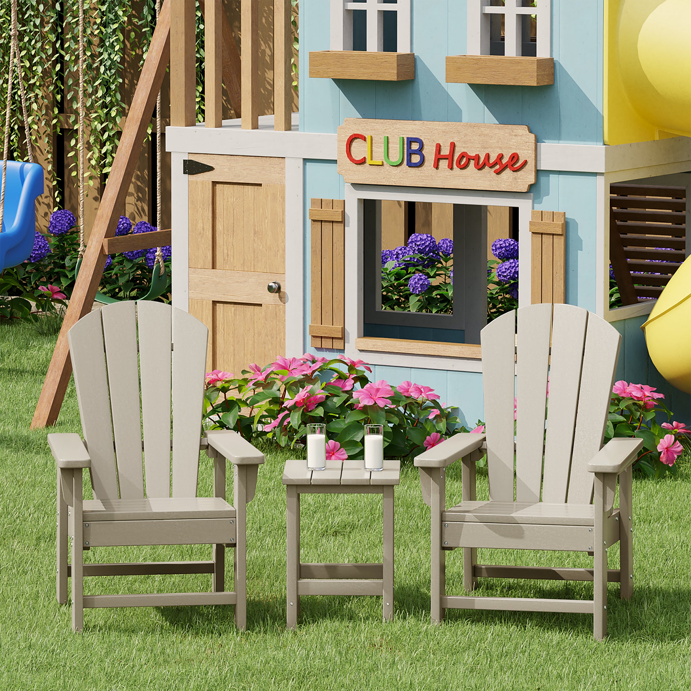 Paradise Kids 3-Piece Outdoor HDPE Adirondack Chairs With Square Side Table Set