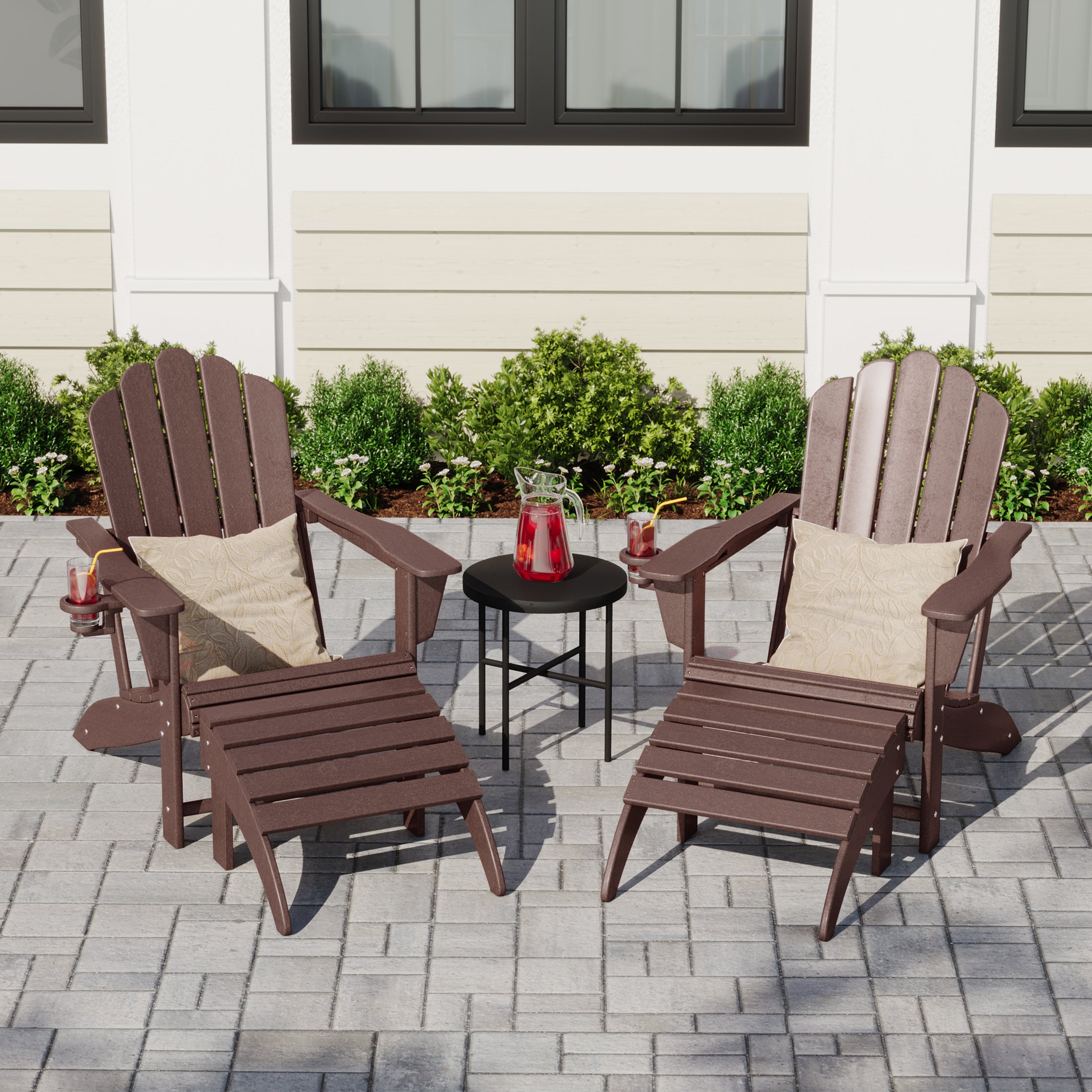 Lakeview 4-Piece Outdoor Patio HDPE Adirondack Chairs With Ottomans and Cup Holder Set