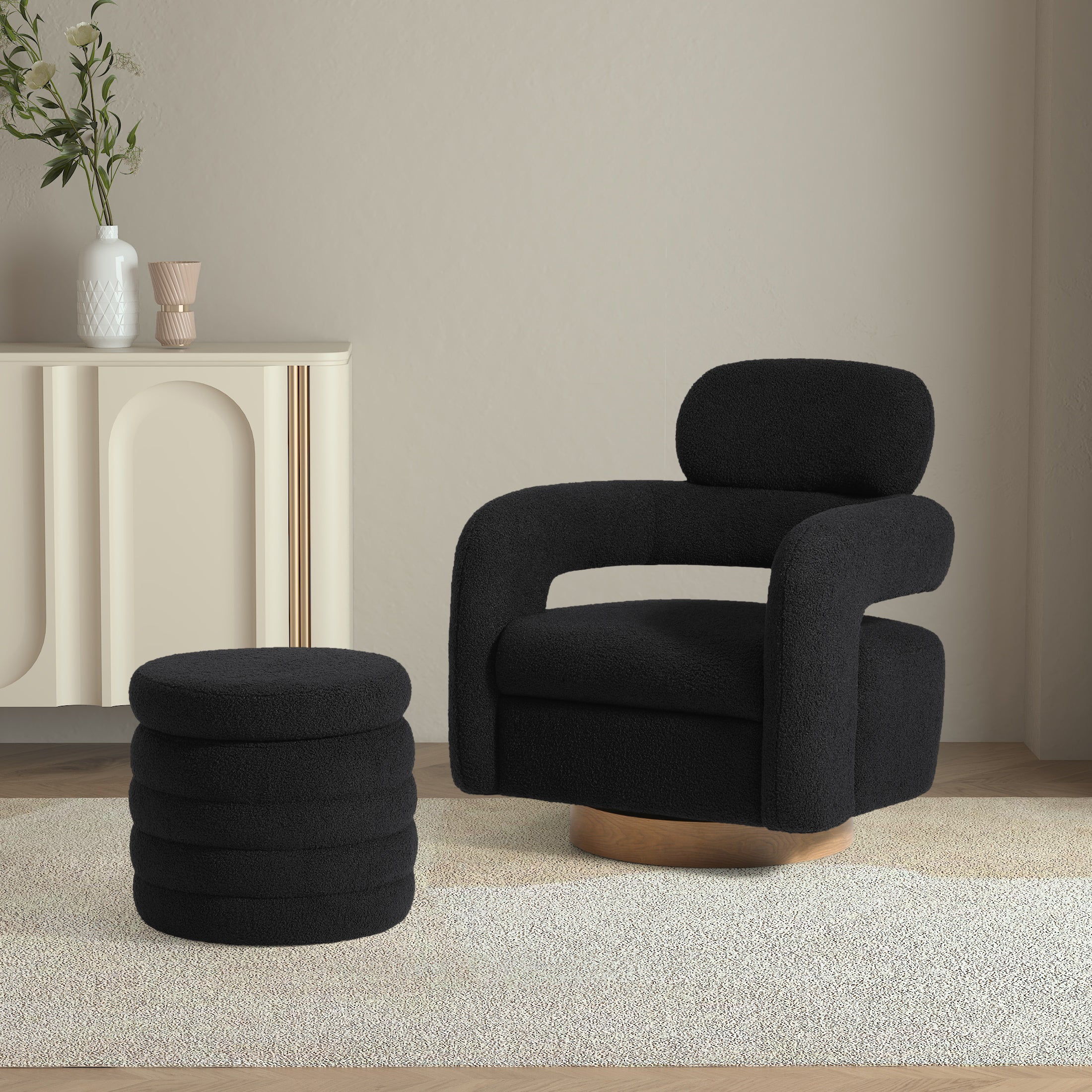 Celine Mid-Century Modern Sherpa Swivel Barrel Accent Chair With Round Storage Ottoman