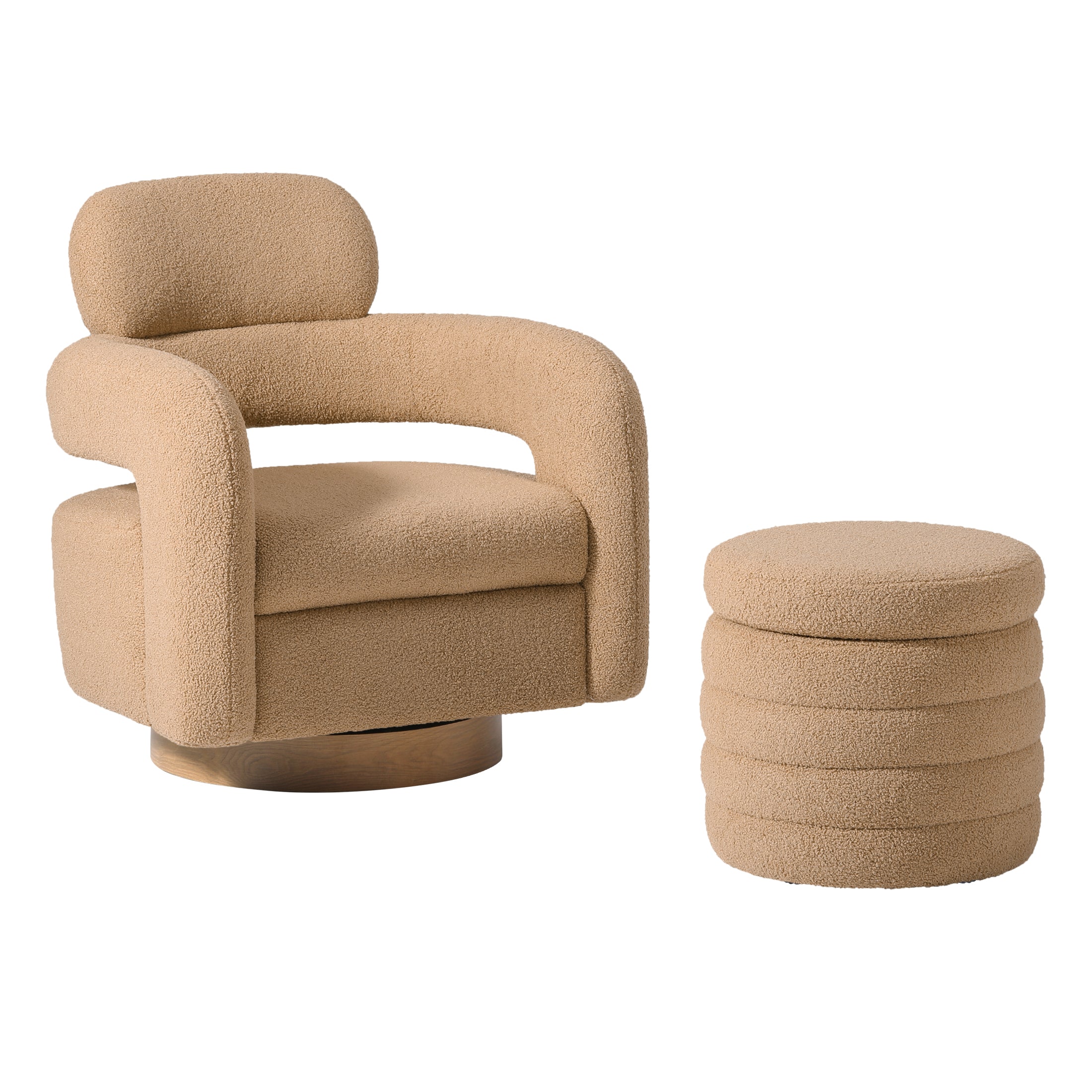 Celine Mid-Century Modern Sherpa Swivel Barrel Accent Chair With Round Storage Ottoman