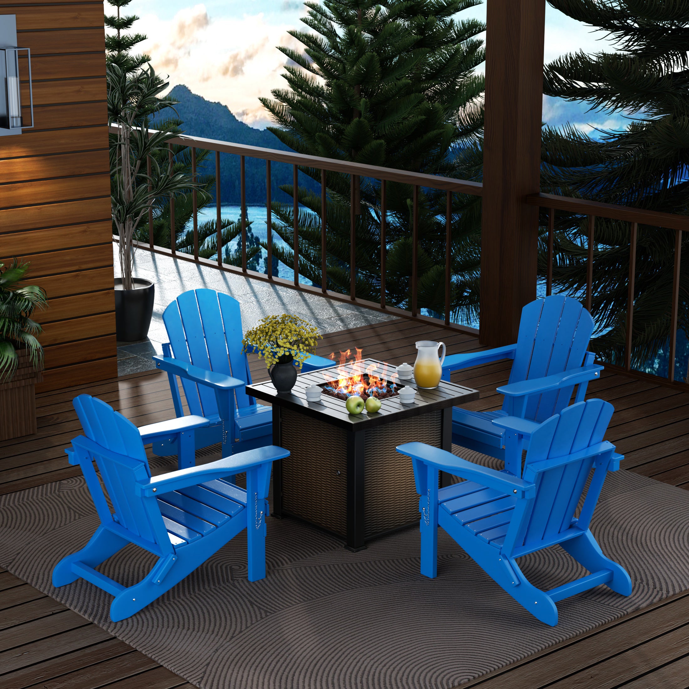 Paradise Malibu Modern Folding Poly Adirondack Chair With Square Fire Pit Table