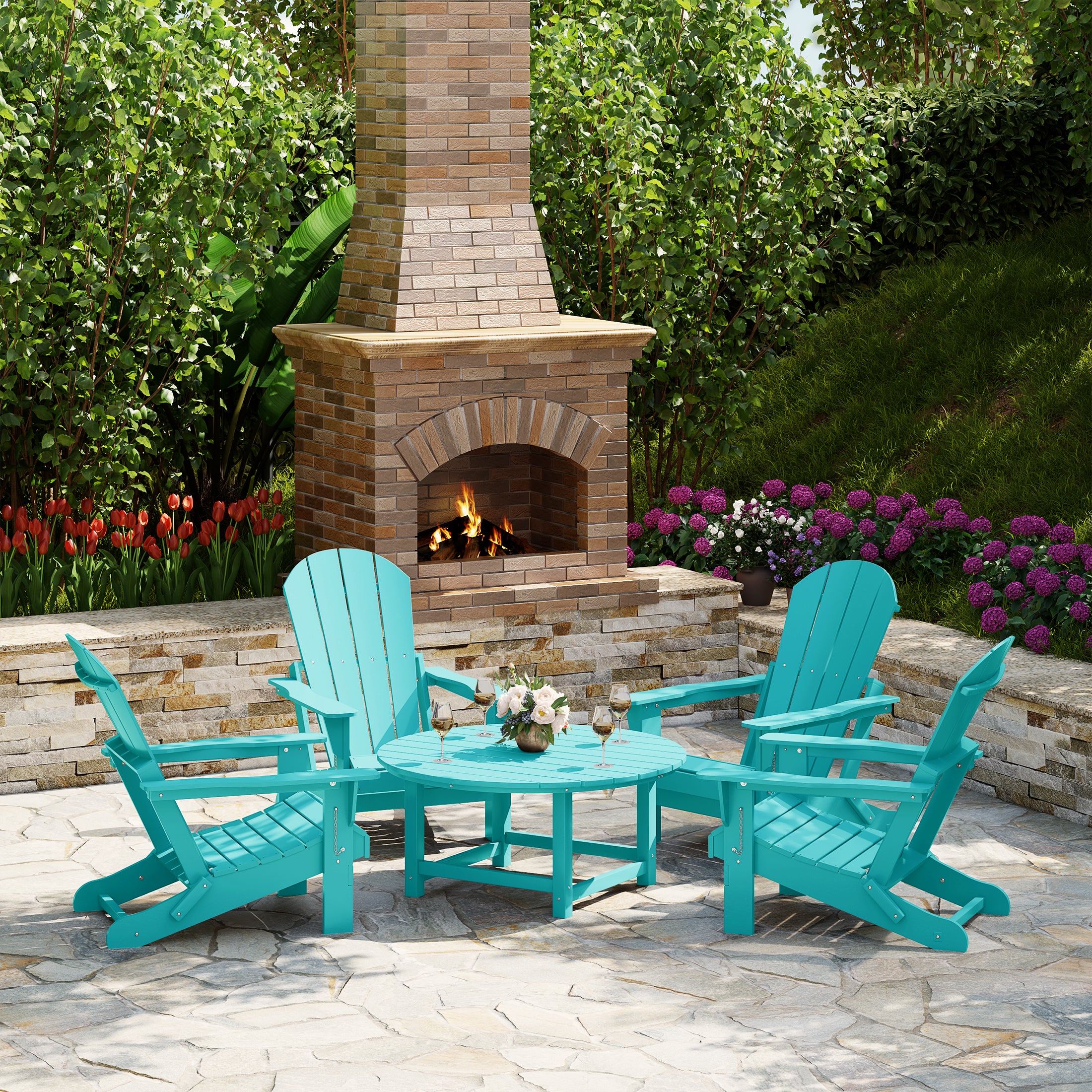 Paradise 5-Piece HDPE Folding Adirondack Chair Outdoor Patio Conversation Set