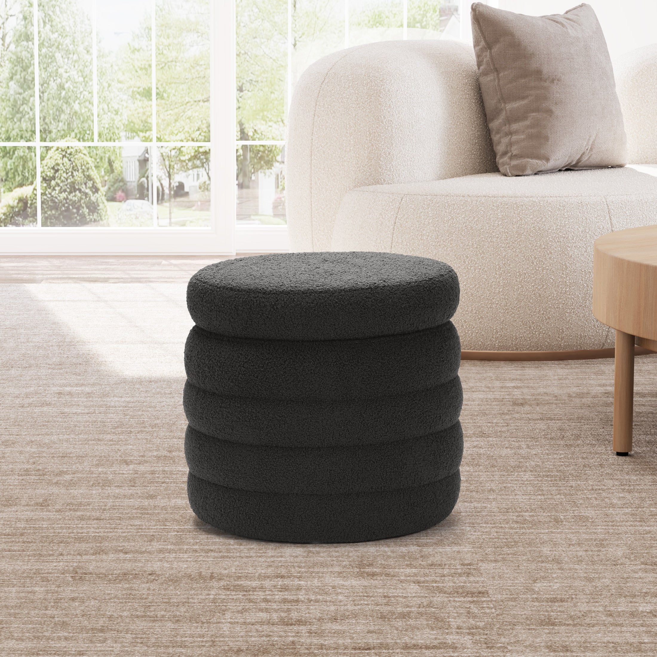 Celine Mid-Century Modern Faux Sherpa Round Ottoman With Storage