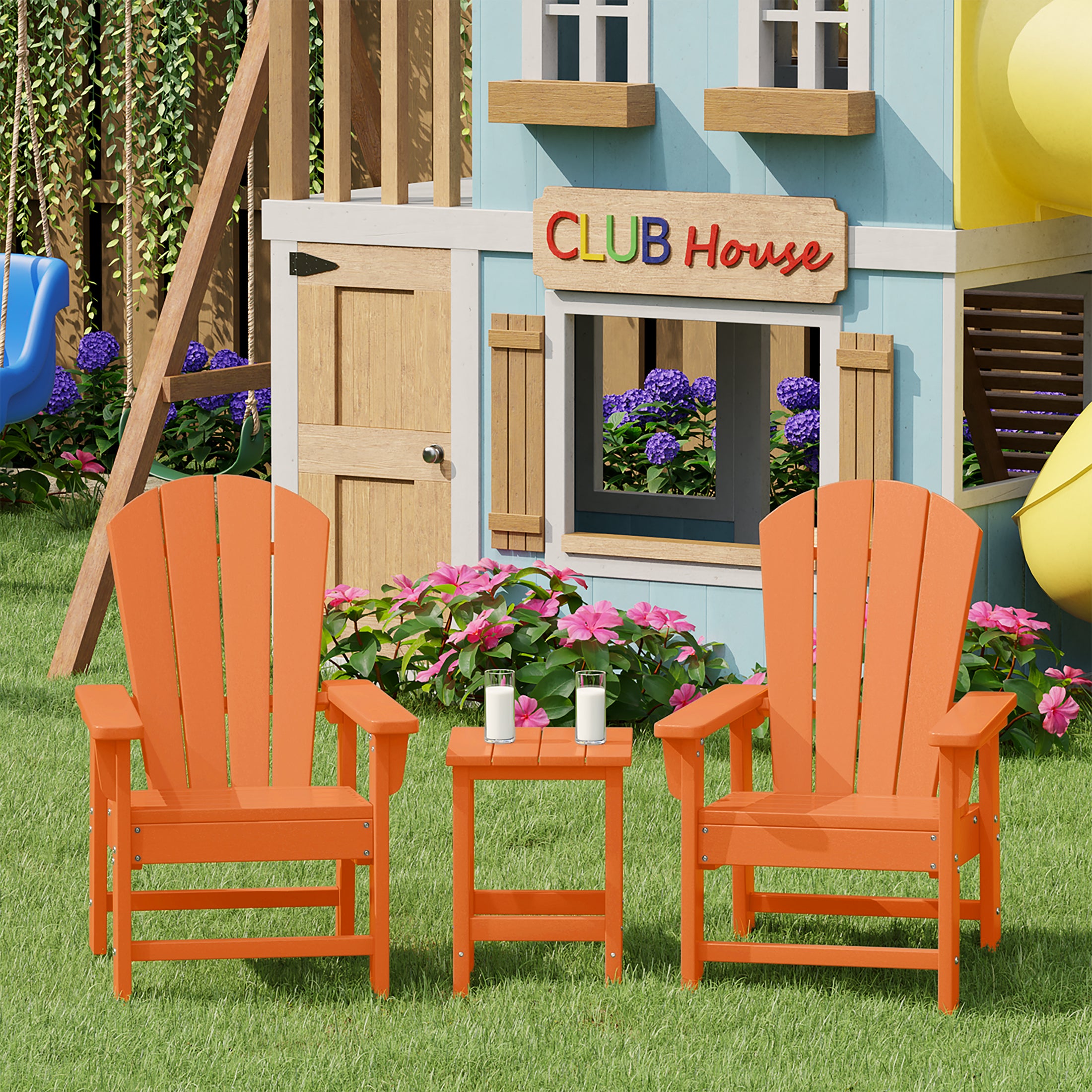 Paradise Kids 3-Piece Outdoor HDPE Adirondack Chairs With Square Side Table Set