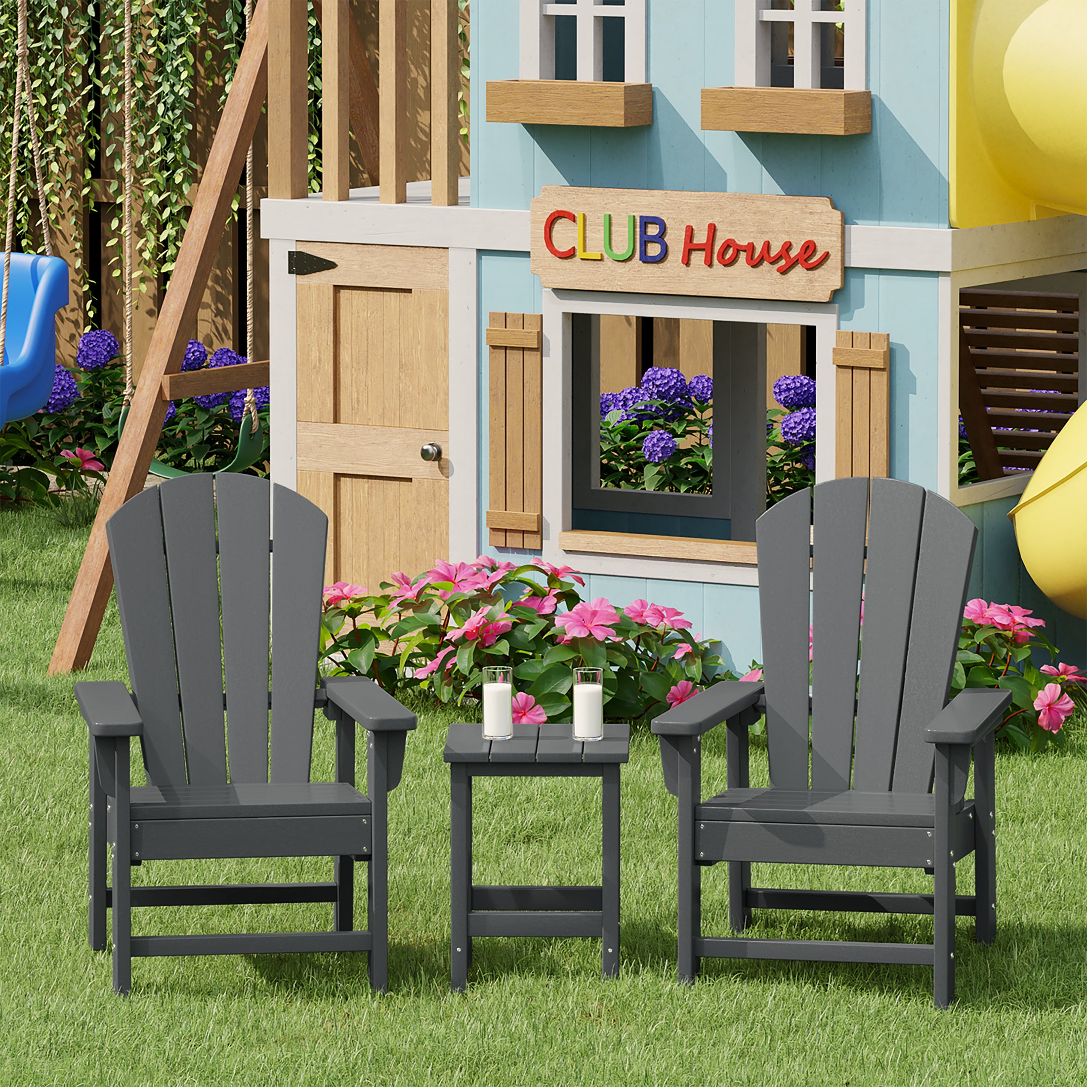 Paradise Kids 3-Piece Outdoor HDPE Adirondack Chairs With Square Side Table Set