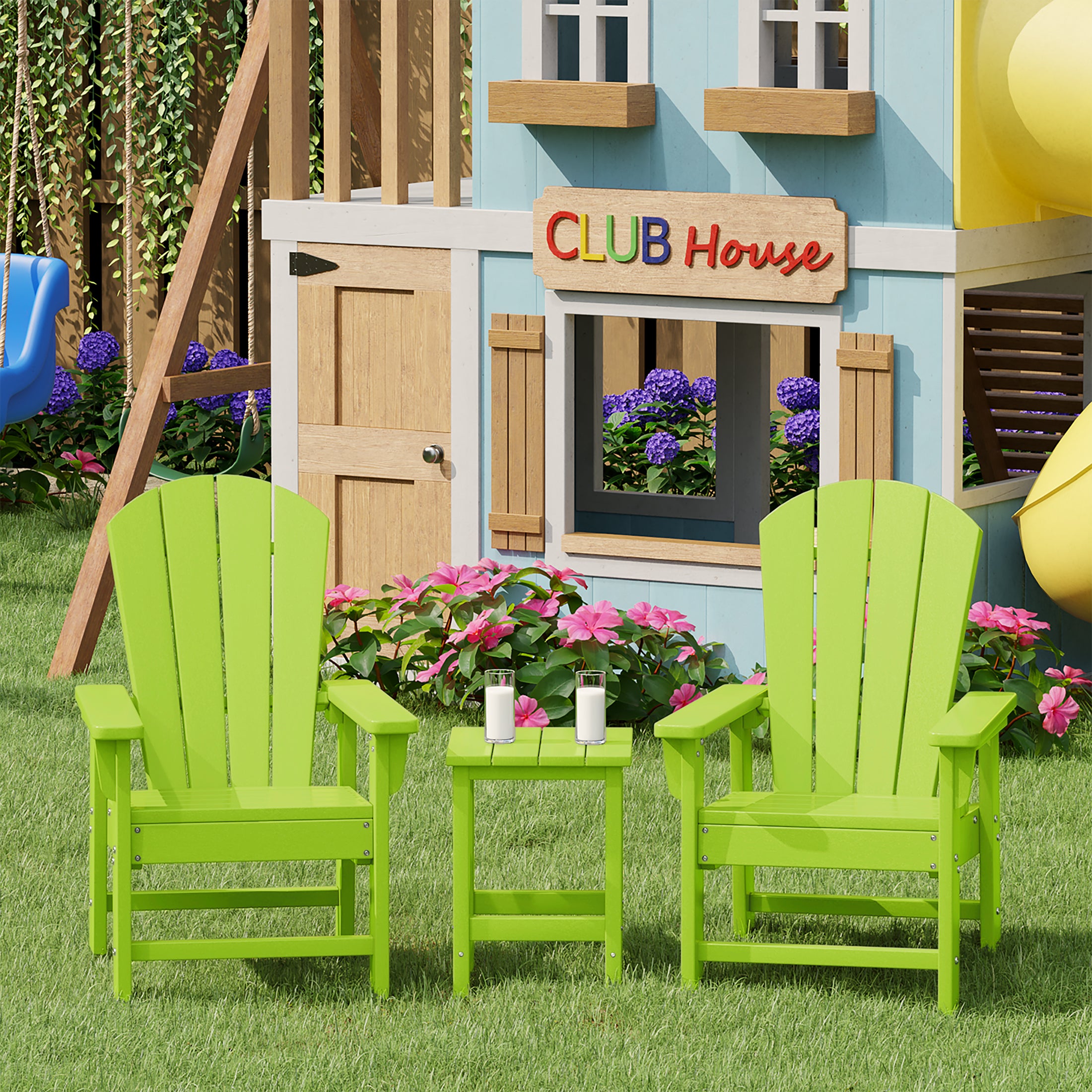 Paradise Kids 3-Piece Outdoor HDPE Adirondack Chairs With Square Side Table Set