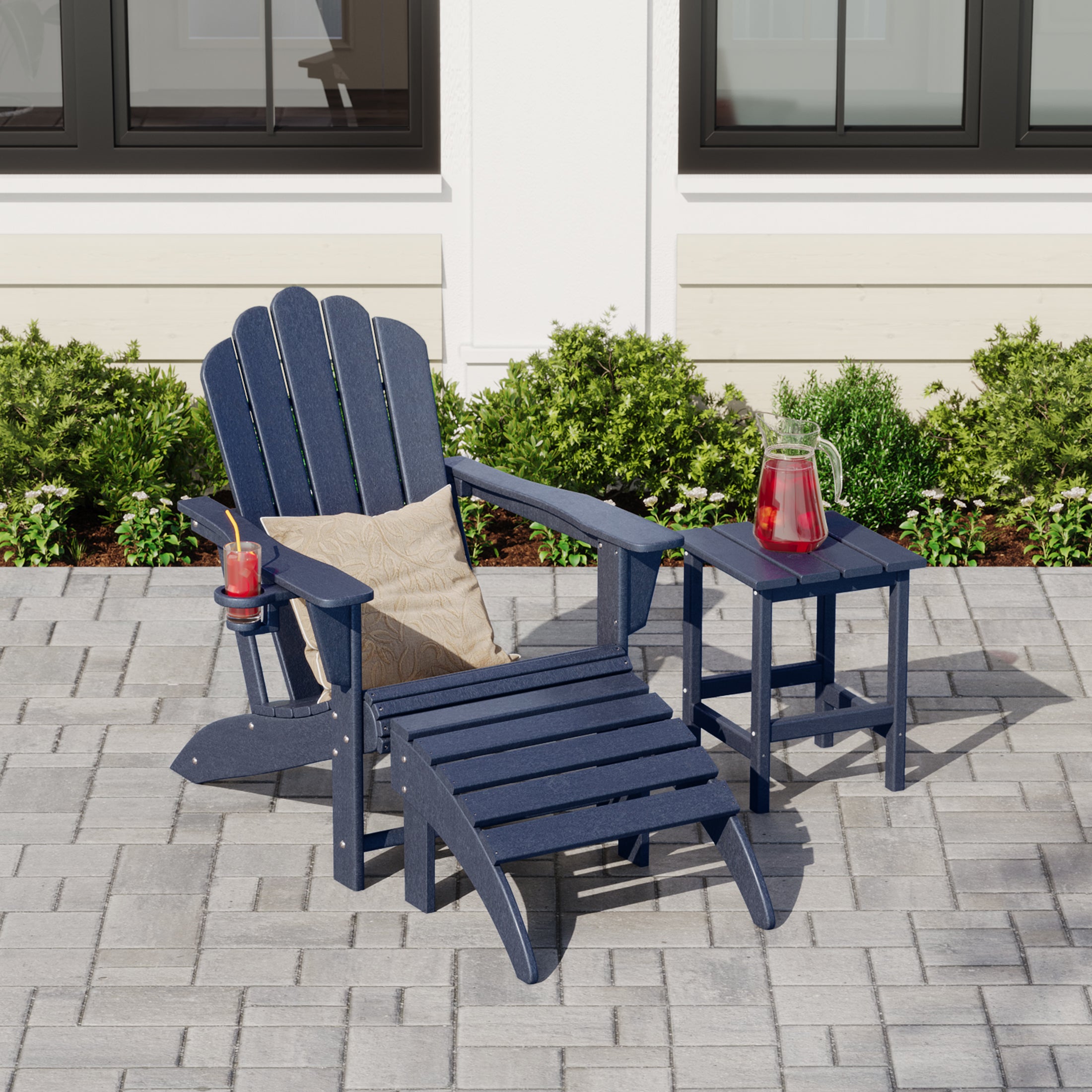 Lakeview 3-Piece Adirondack Chair with Cup Holder and Folding Ottoman and Table Set