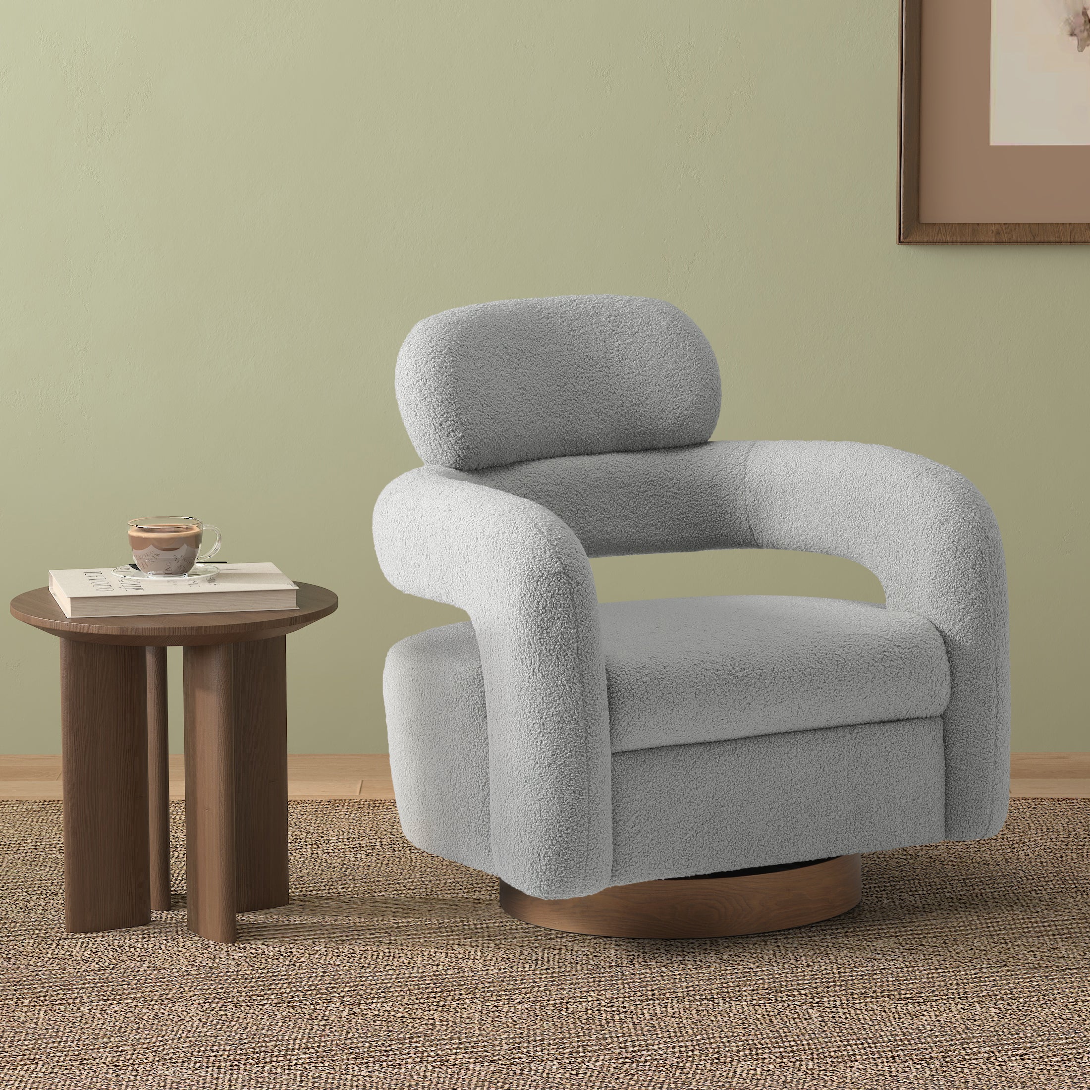 Celine Mid-Century Modern Round Sherpa Swivel Barrel Accent Chair