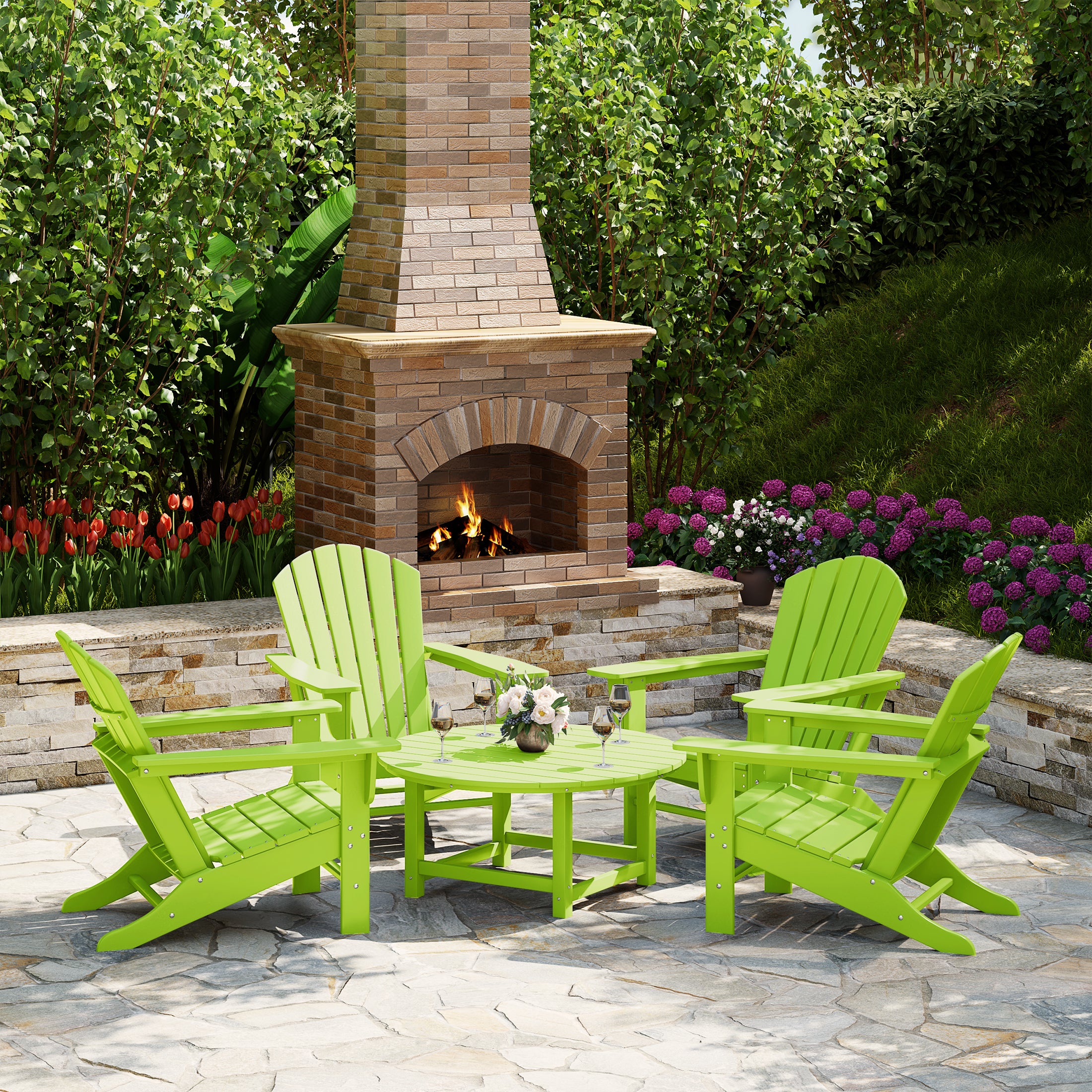 Portside 5-Piece Outdoor Patio HDPE Adirondack Chair With Round Coffee Table Conversation Set