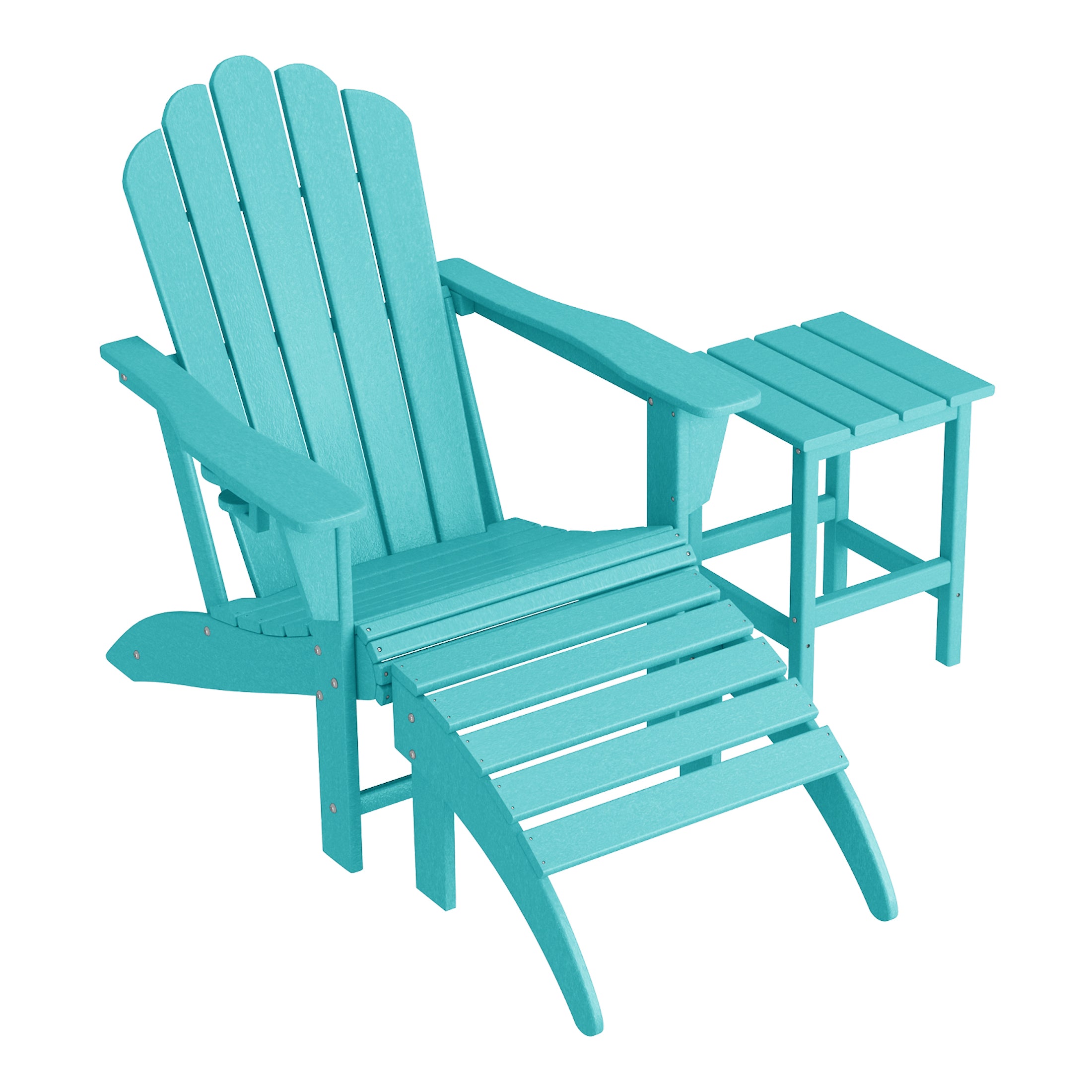 Lakeview 3-Piece Adirondack Chair with Cup Holder and Folding Ottoman and Table Set