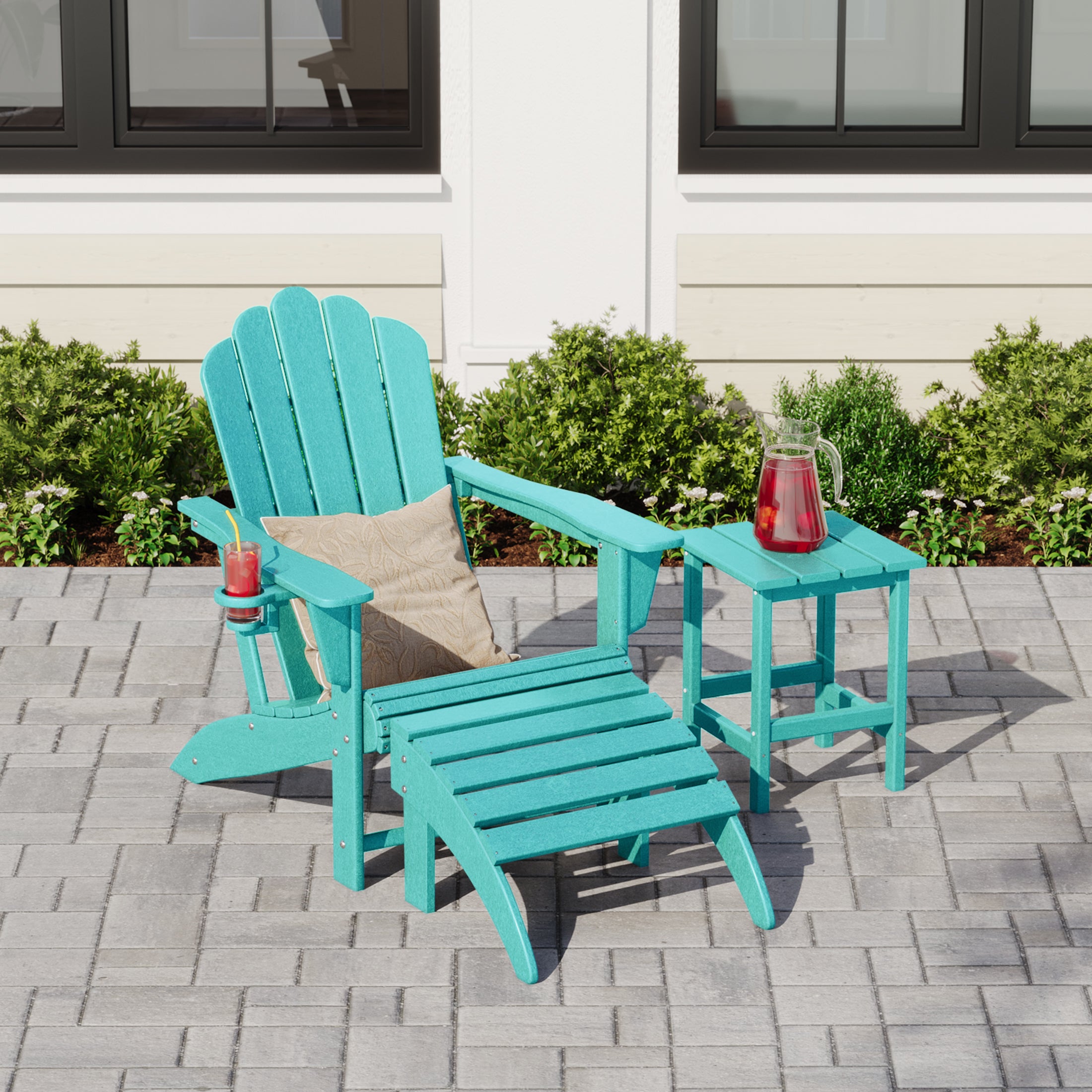 Lakeview 3-Piece Adirondack Chair with Cup Holder and Folding Ottoman and Table Set