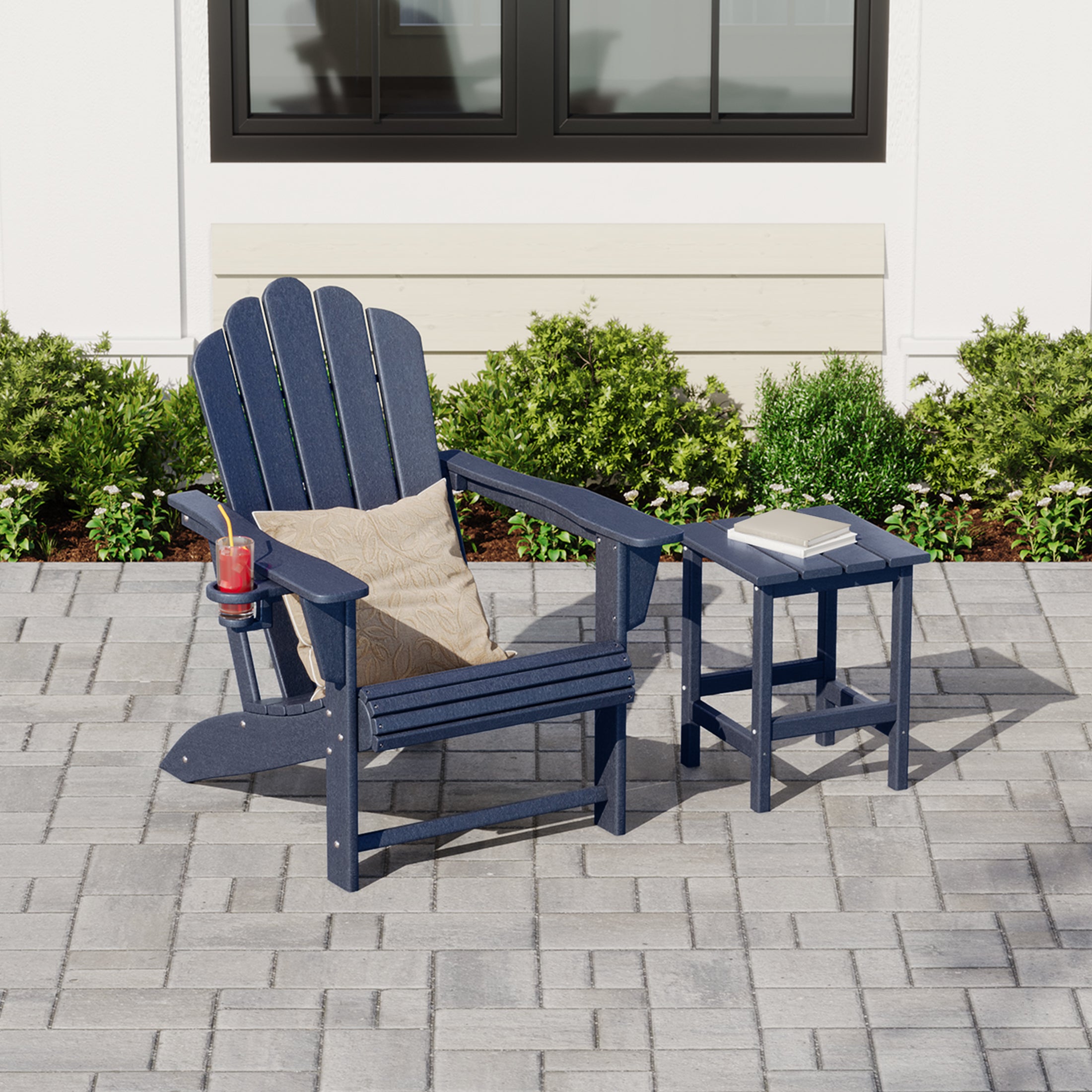 Lakeview Outdoor Patio HDPE Adirondack Chair With Cup Holder and Table Set