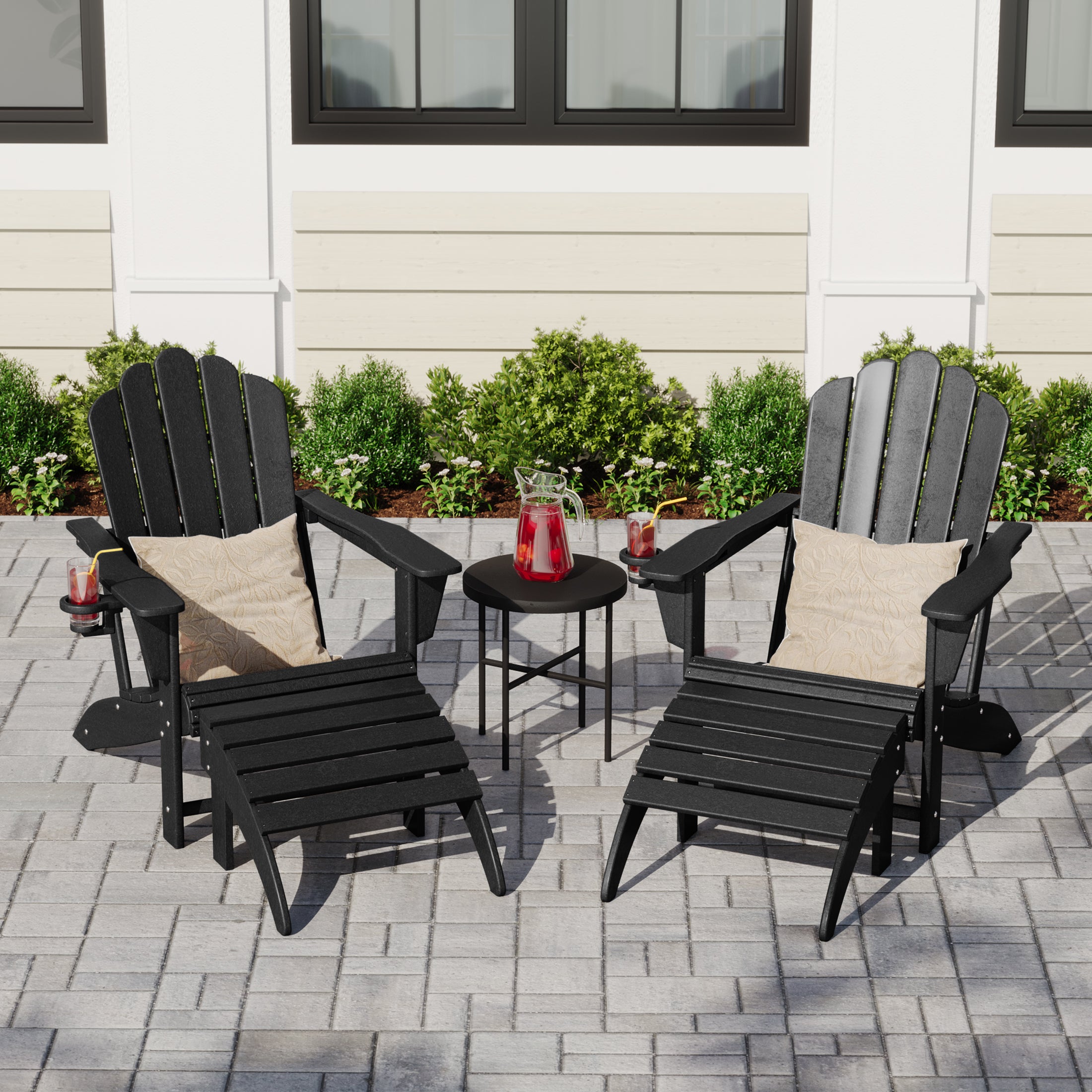 Lakeview 4-Piece Outdoor Patio HDPE Adirondack Chairs With Ottomans and Cup Holder Set