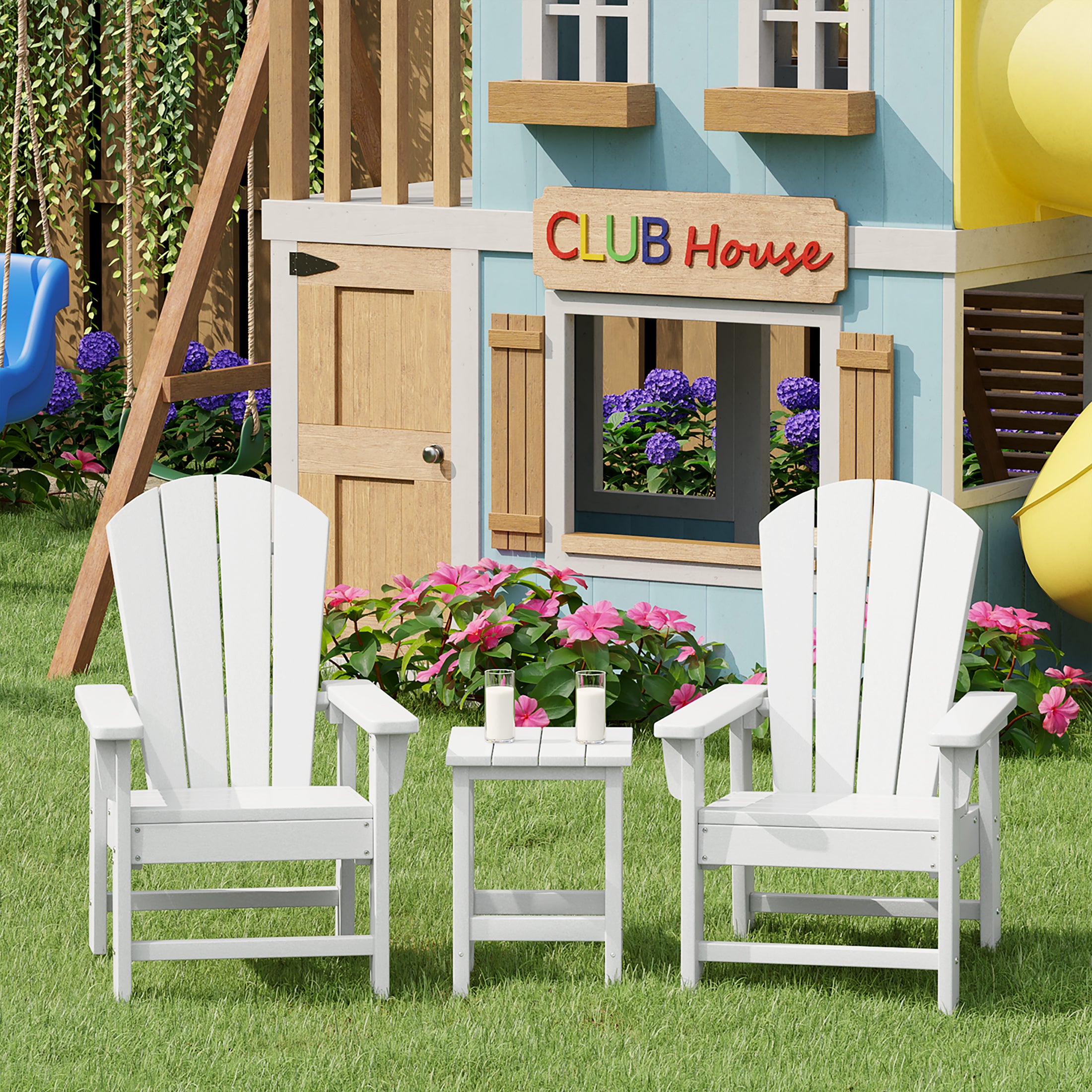 Paradise Kids 3-Piece Outdoor HDPE Adirondack Chairs With Square Side Table Set