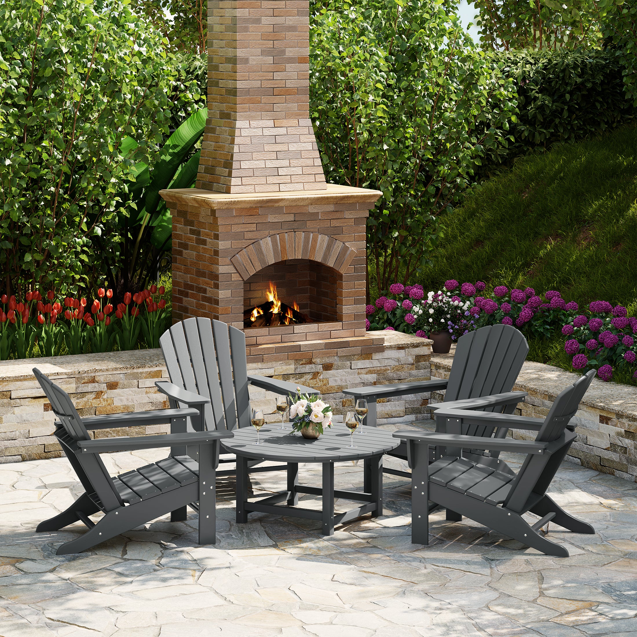 Portside 5-Piece Outdoor Patio HDPE Adirondack Chair With Round Coffee Table Conversation Set