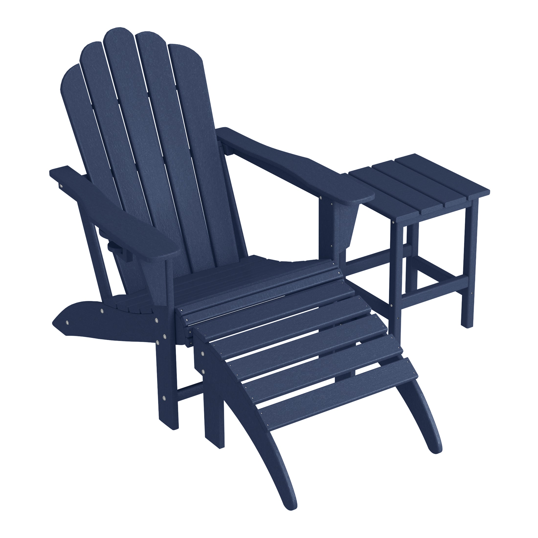 Lakeview 3-Piece Adirondack Chair with Cup Holder and Folding Ottoman and Table Set