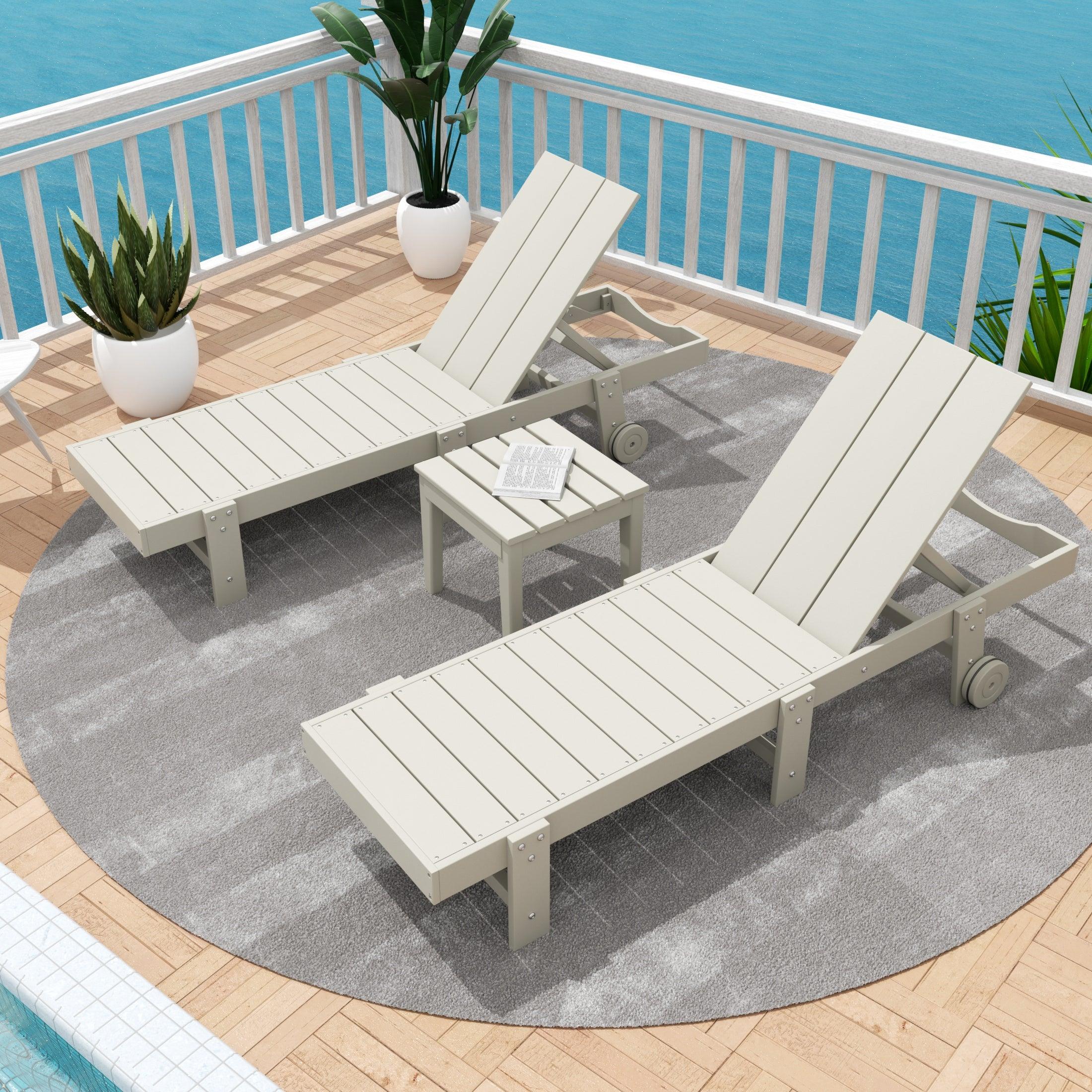 Palms 3-Piece Outdoor Modern Poly Adirondack Chaise Lounge with Wheels and Square Side Table Set - Costaelm