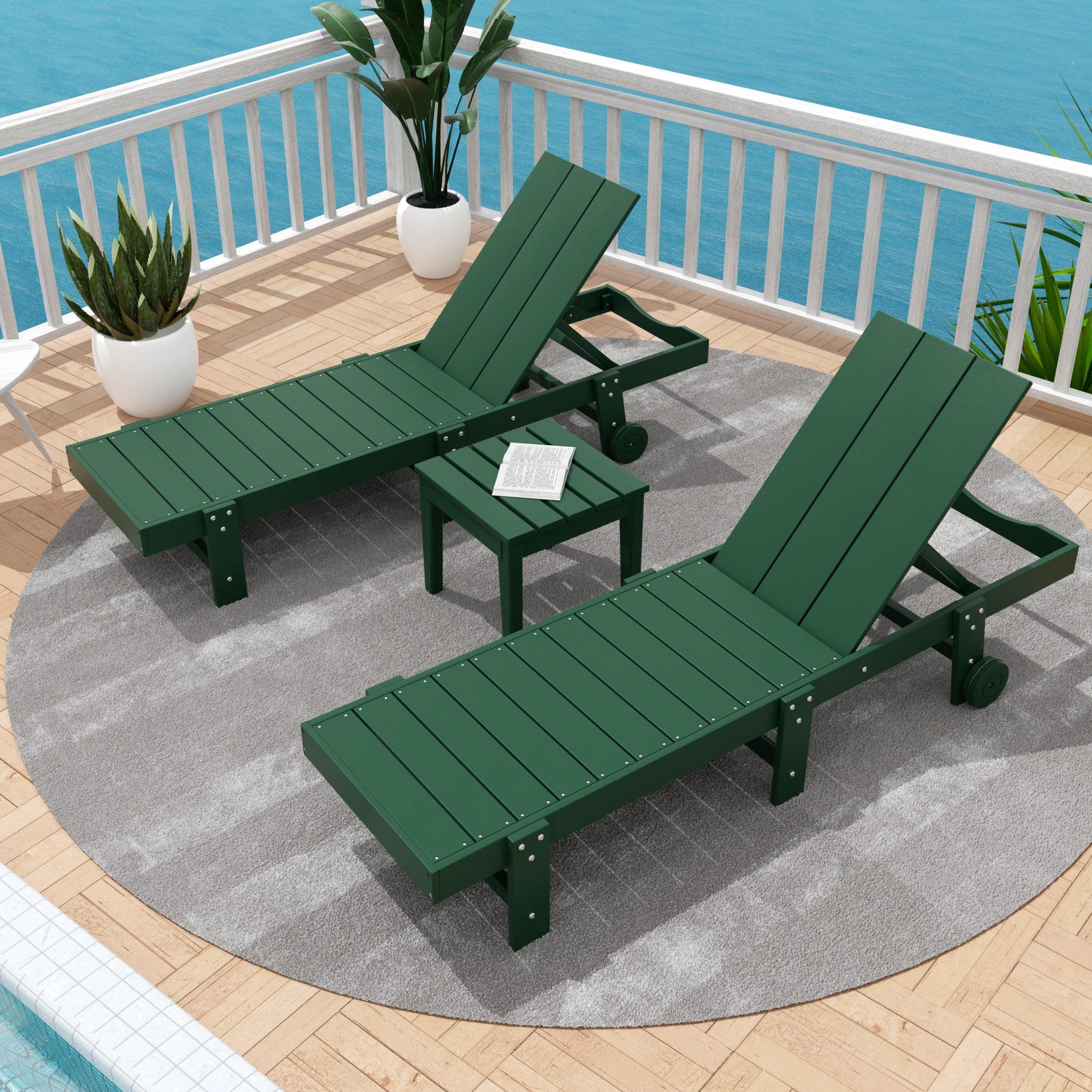 Palms 3-Piece Outdoor Modern Poly Adirondack Chaise Lounge with Wheels and Square Side Table Set - Costaelm