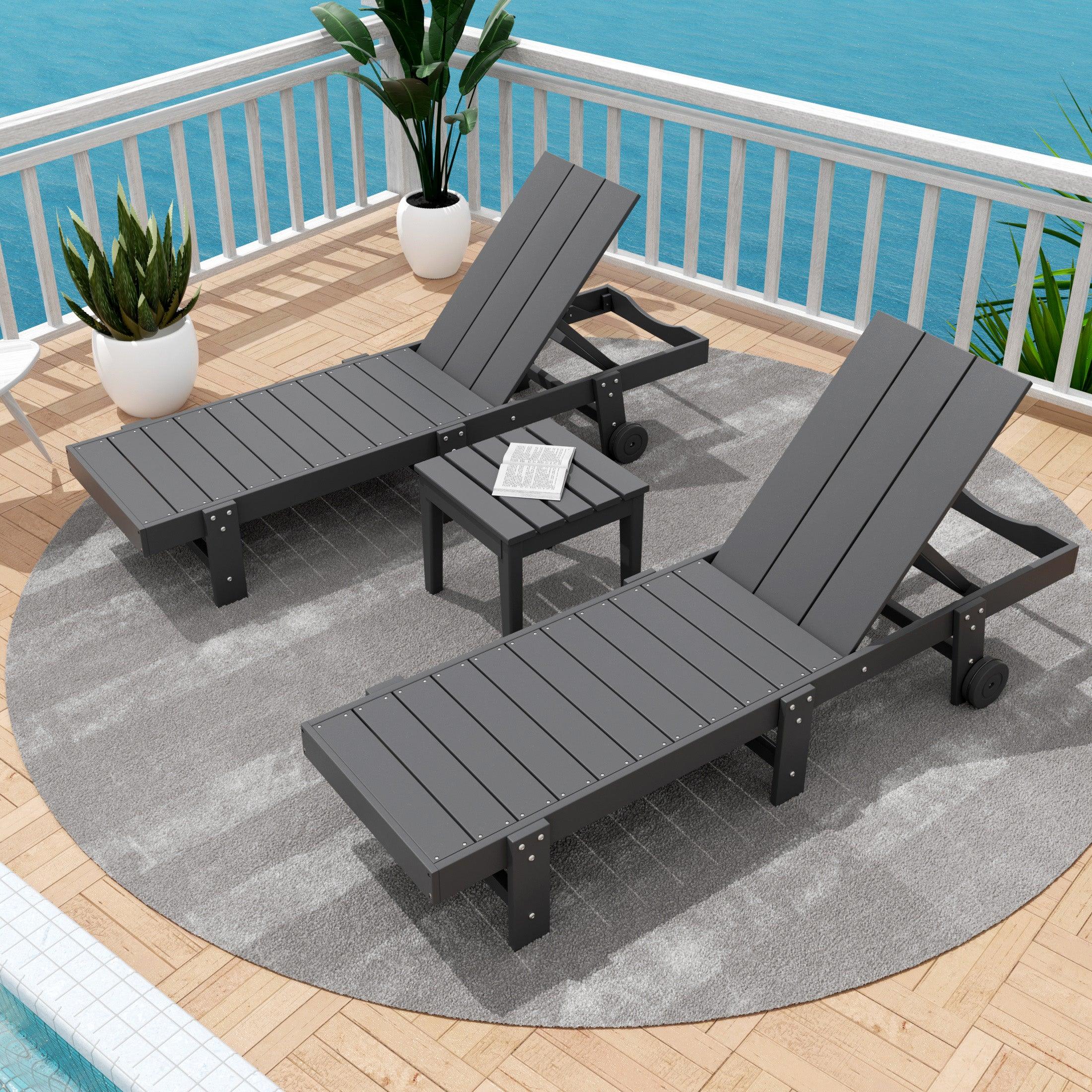 Palms 3-Piece Outdoor Modern Poly Adirondack Chaise Lounge with Wheels and Square Side Table Set - Costaelm