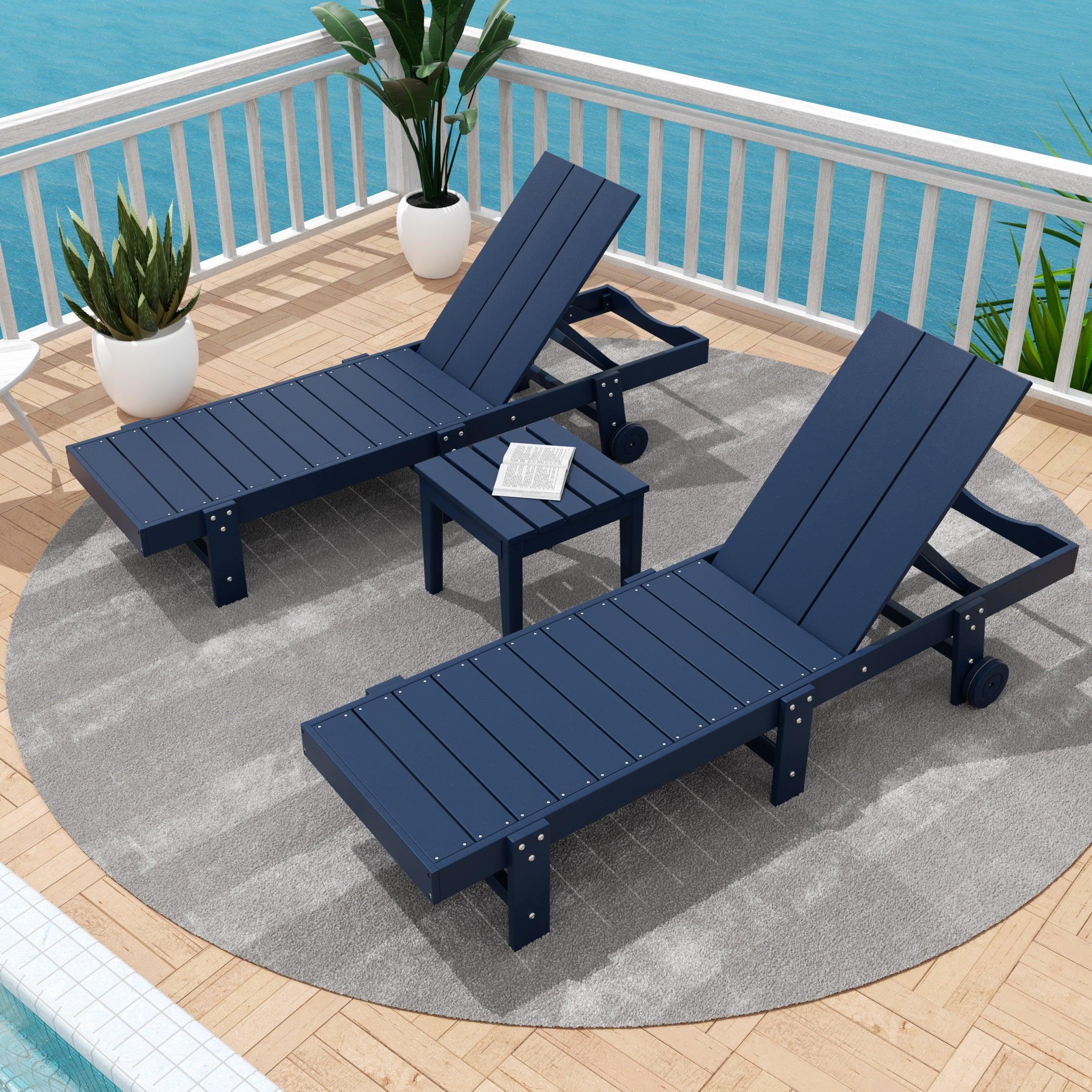 Palms 3-Piece Outdoor Modern Poly Adirondack Chaise Lounge with Wheels and Square Side Table Set - Costaelm