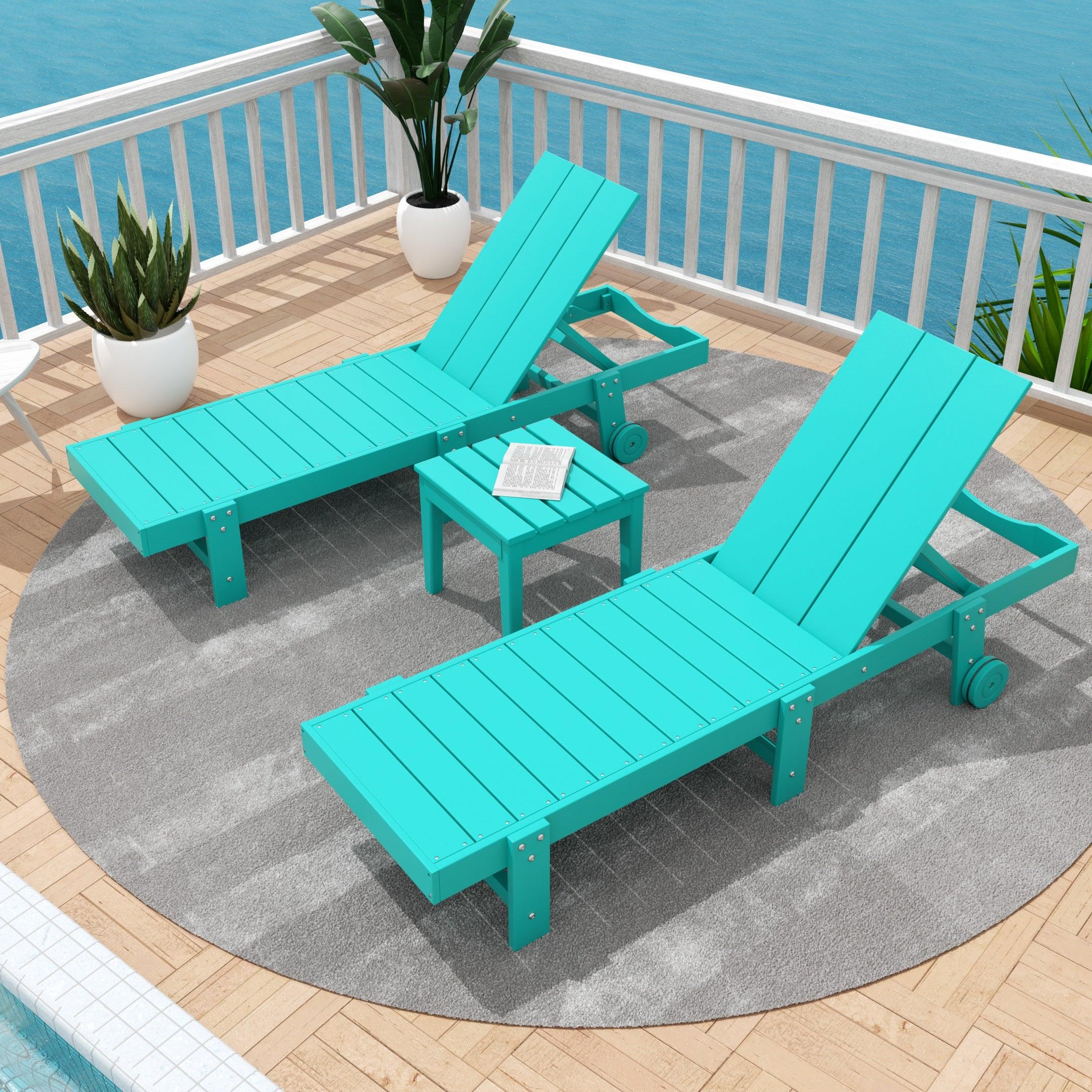 Palms 3-Piece Outdoor Modern Poly Adirondack Chaise Lounge with Wheels and Square Side Table Set - Costaelm