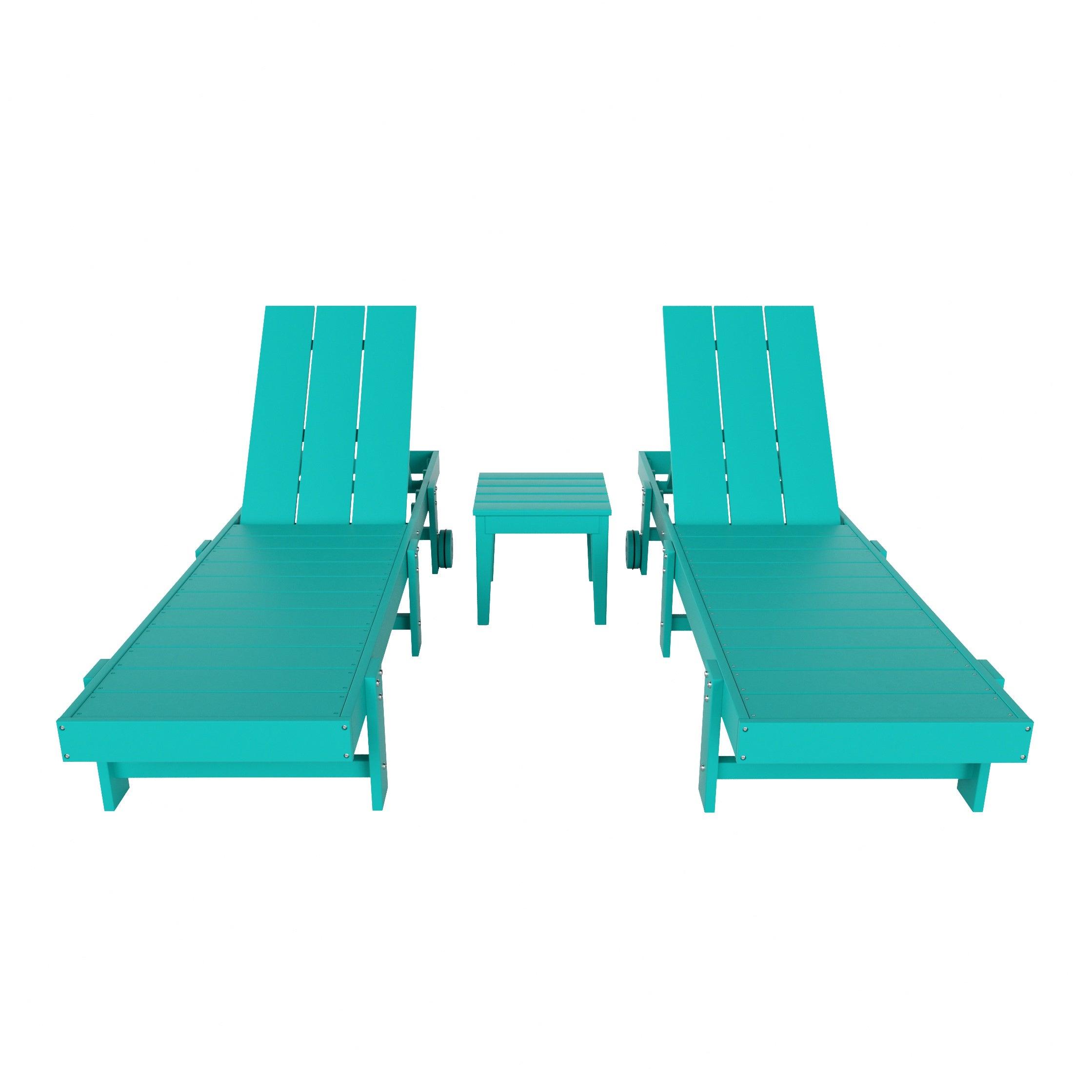 Palms 3-Piece Outdoor Modern Poly Adirondack Chaise Lounge with Wheels and Square Side Table Set - Costaelm