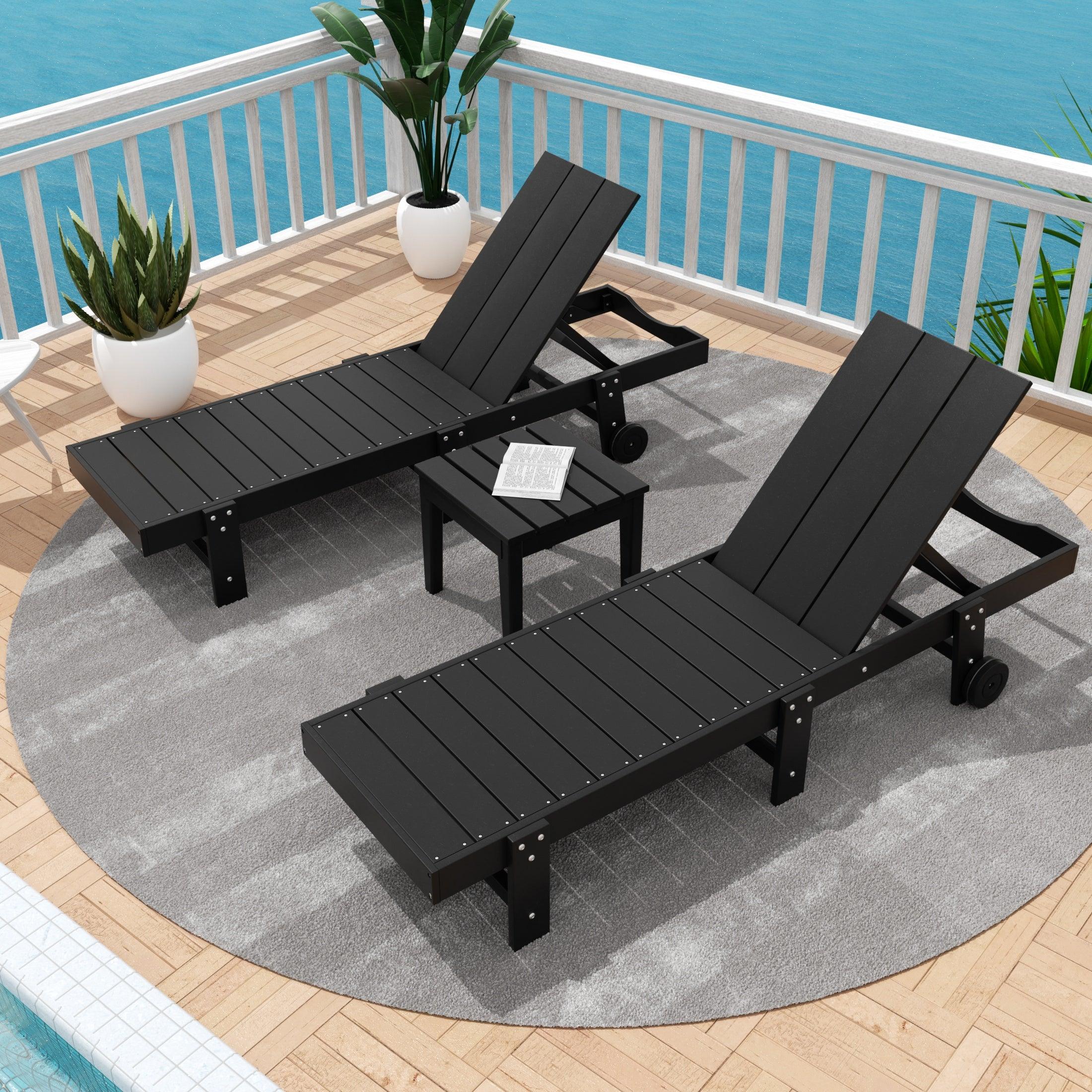 Palms 3-Piece Outdoor Modern Poly Adirondack Chaise Lounge with Wheels and Square Side Table Set - Costaelm