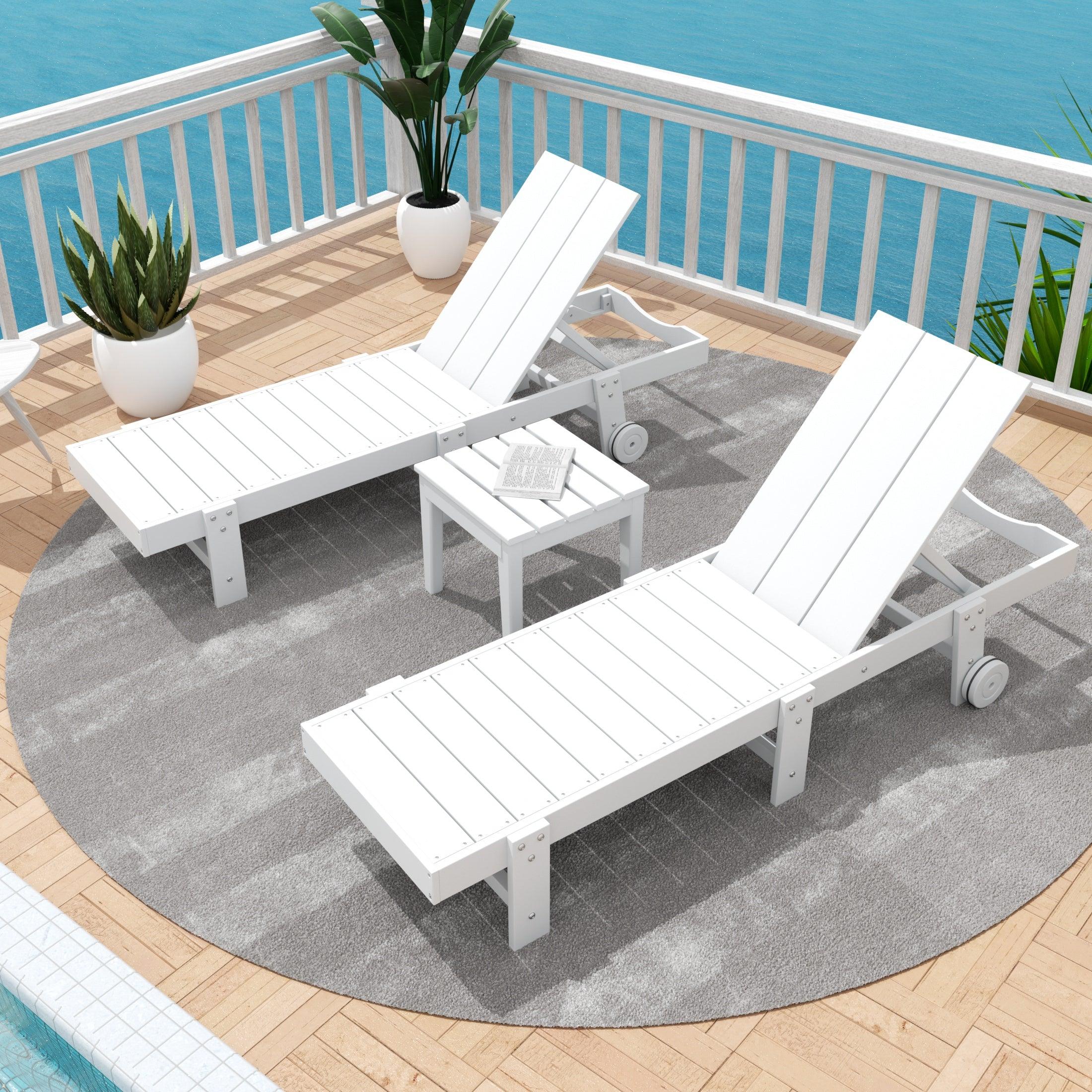 Palms 3-Piece Outdoor Modern Poly Adirondack Chaise Lounge with Wheels and Square Side Table Set - Costaelm