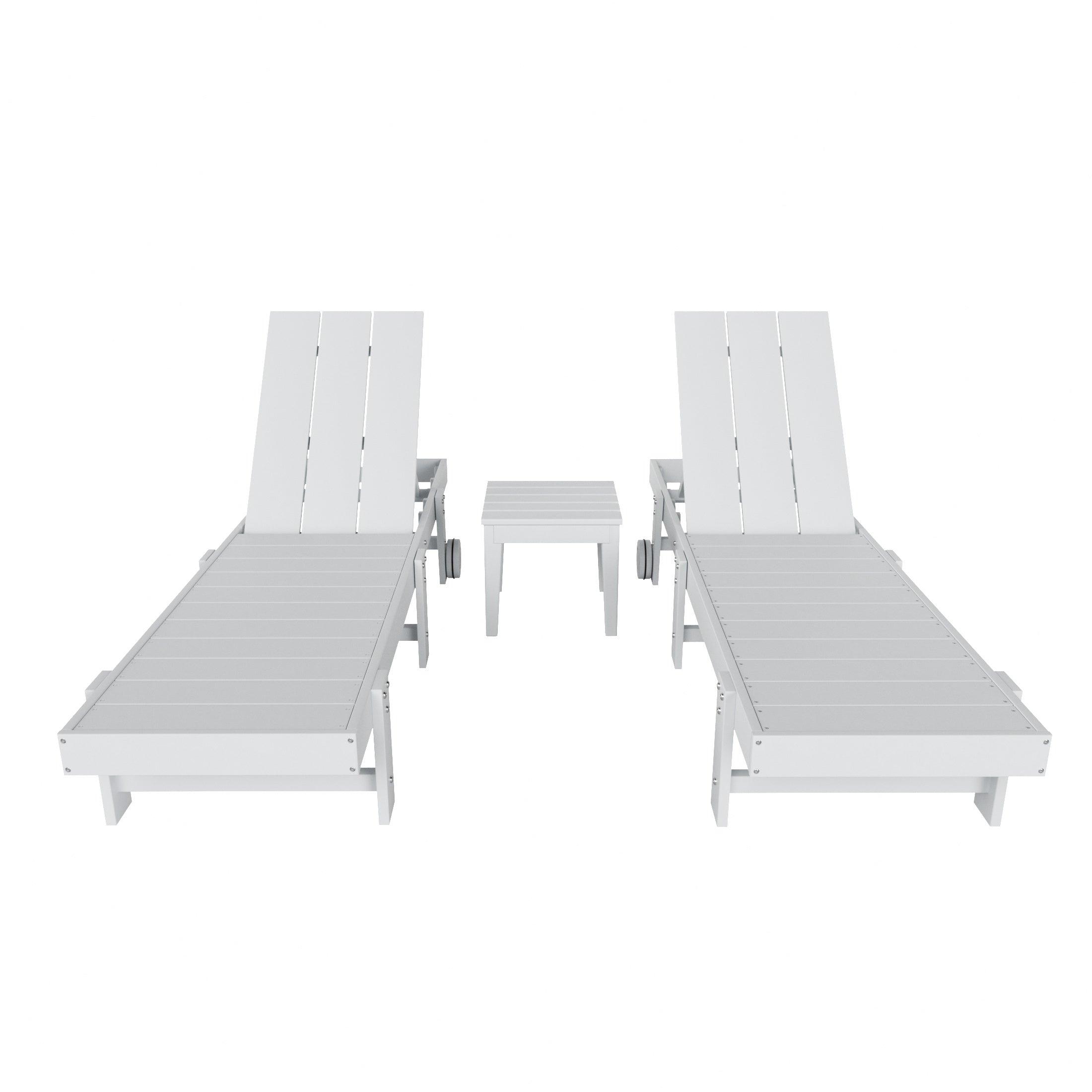 Palms 3-Piece Outdoor Modern Poly Adirondack Chaise Lounge with Wheels and Square Side Table Set - Costaelm