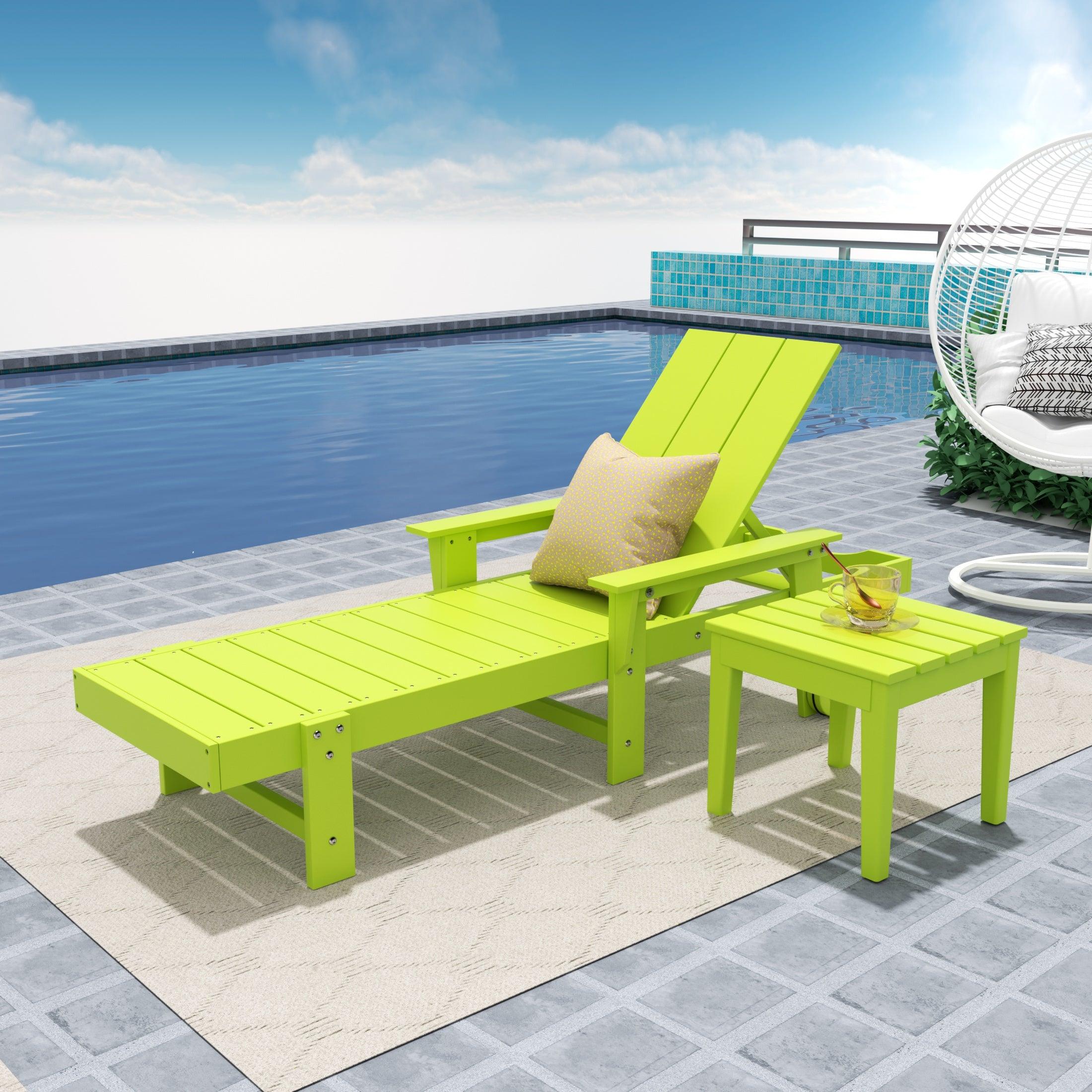 Palms Adjustable Modern Plastic Adirondack Outdoor Chaise Lounge with Wheels and Square Side Table - Costaelm