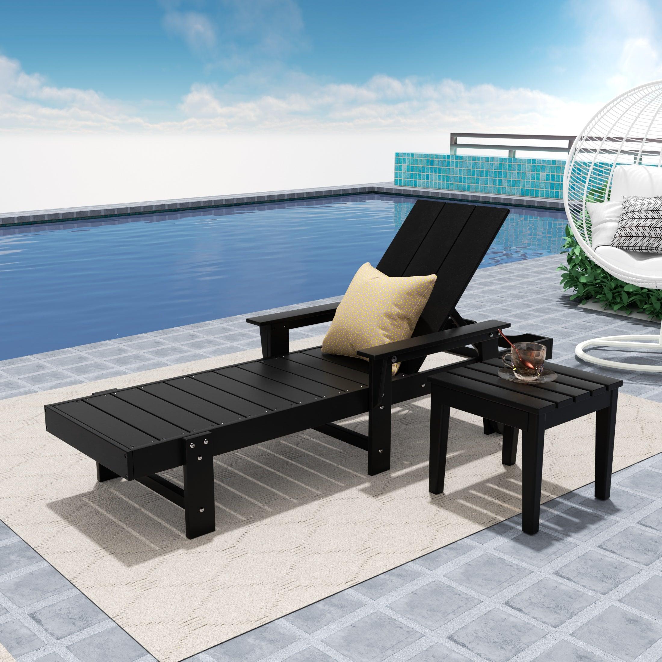 Palms Adjustable Modern Plastic Adirondack Outdoor Chaise Lounge with Wheels and Square Side Table - Costaelm