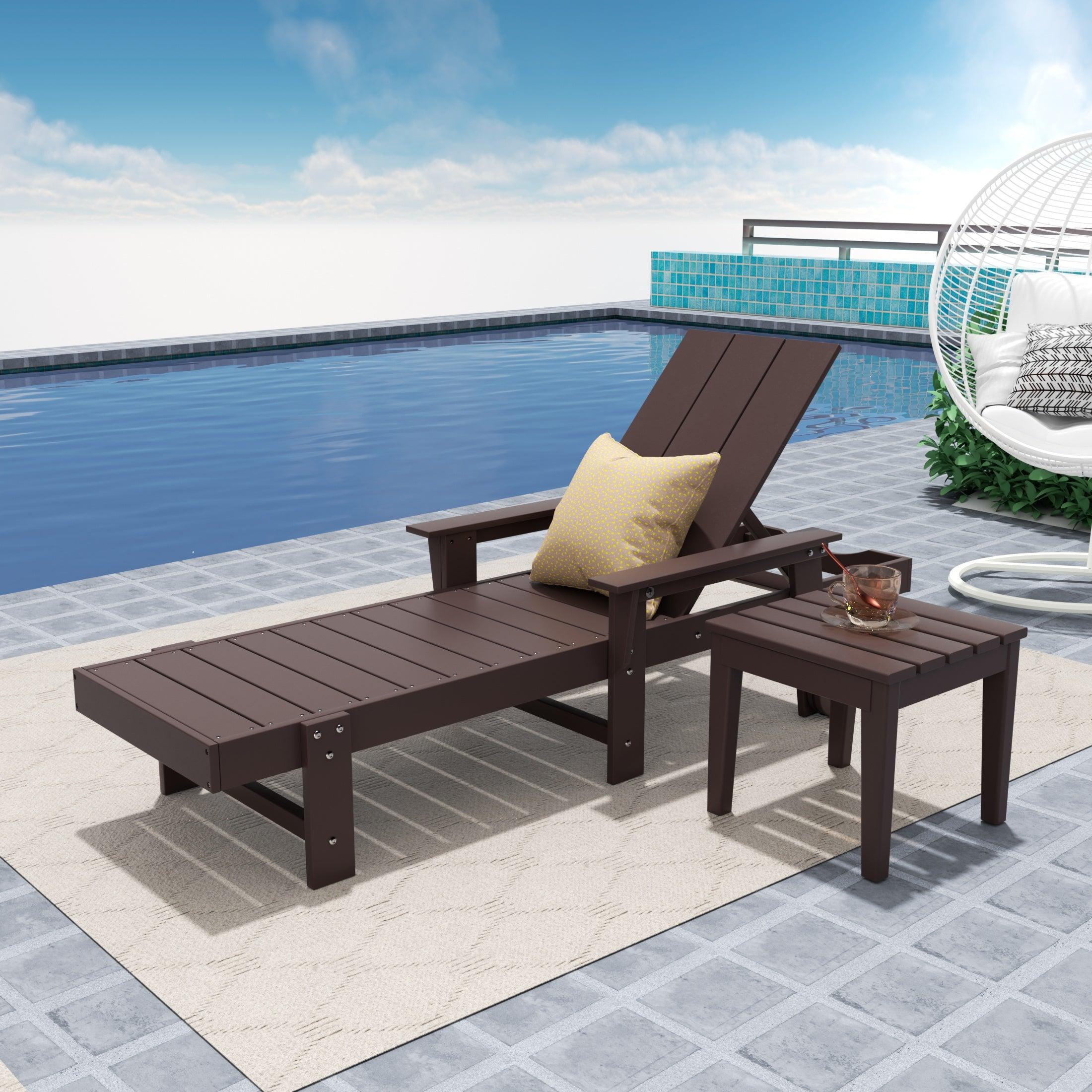 Palms Adjustable Modern Plastic Adirondack Outdoor Chaise Lounge with Wheels and Square Side Table - Costaelm