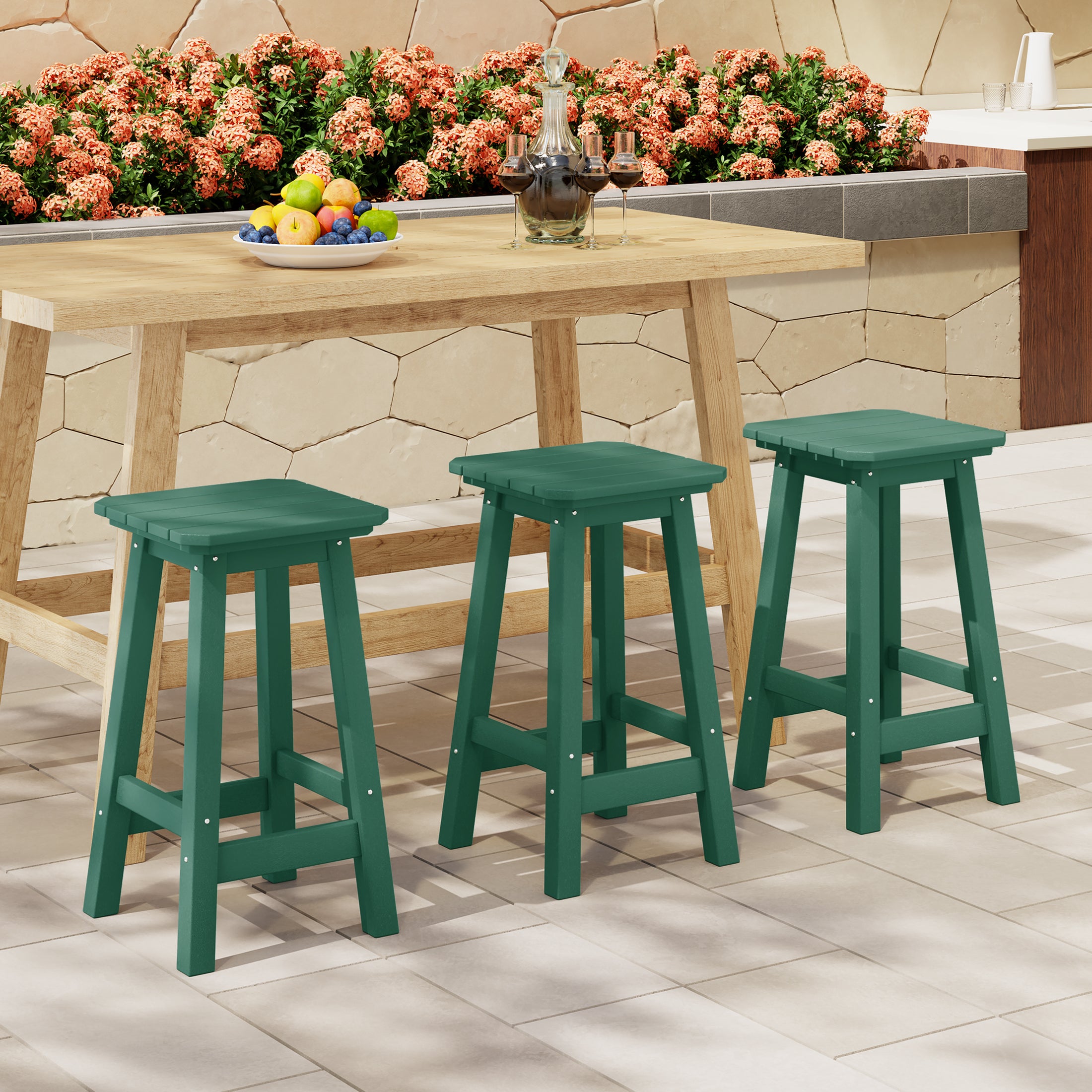 Paradise 24" Outdoor Patio HDPE Square Counter High Backless Bar Stools Set of Three