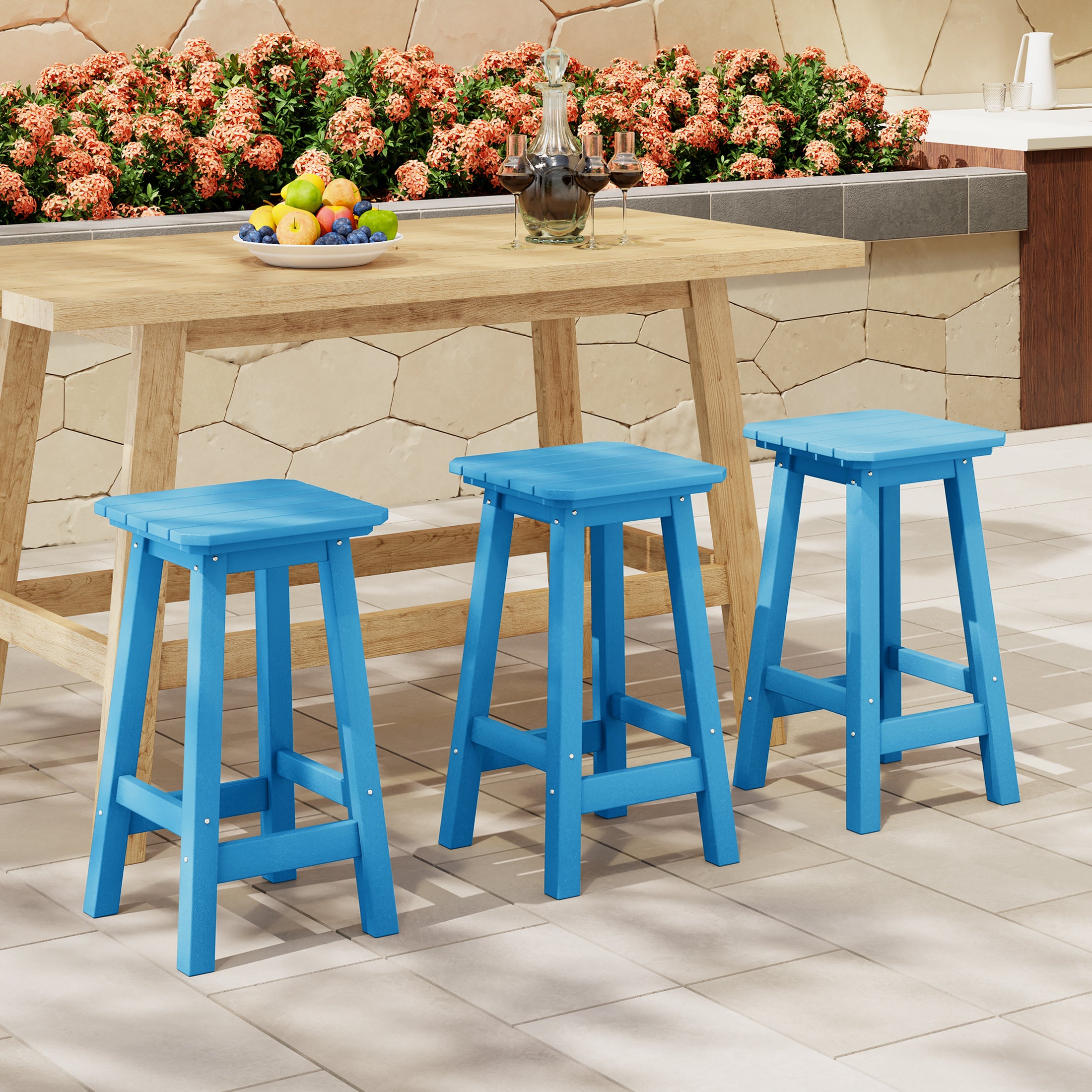 Paradise 24" Outdoor Patio HDPE Square Counter High Backless Bar Stools Set of Three