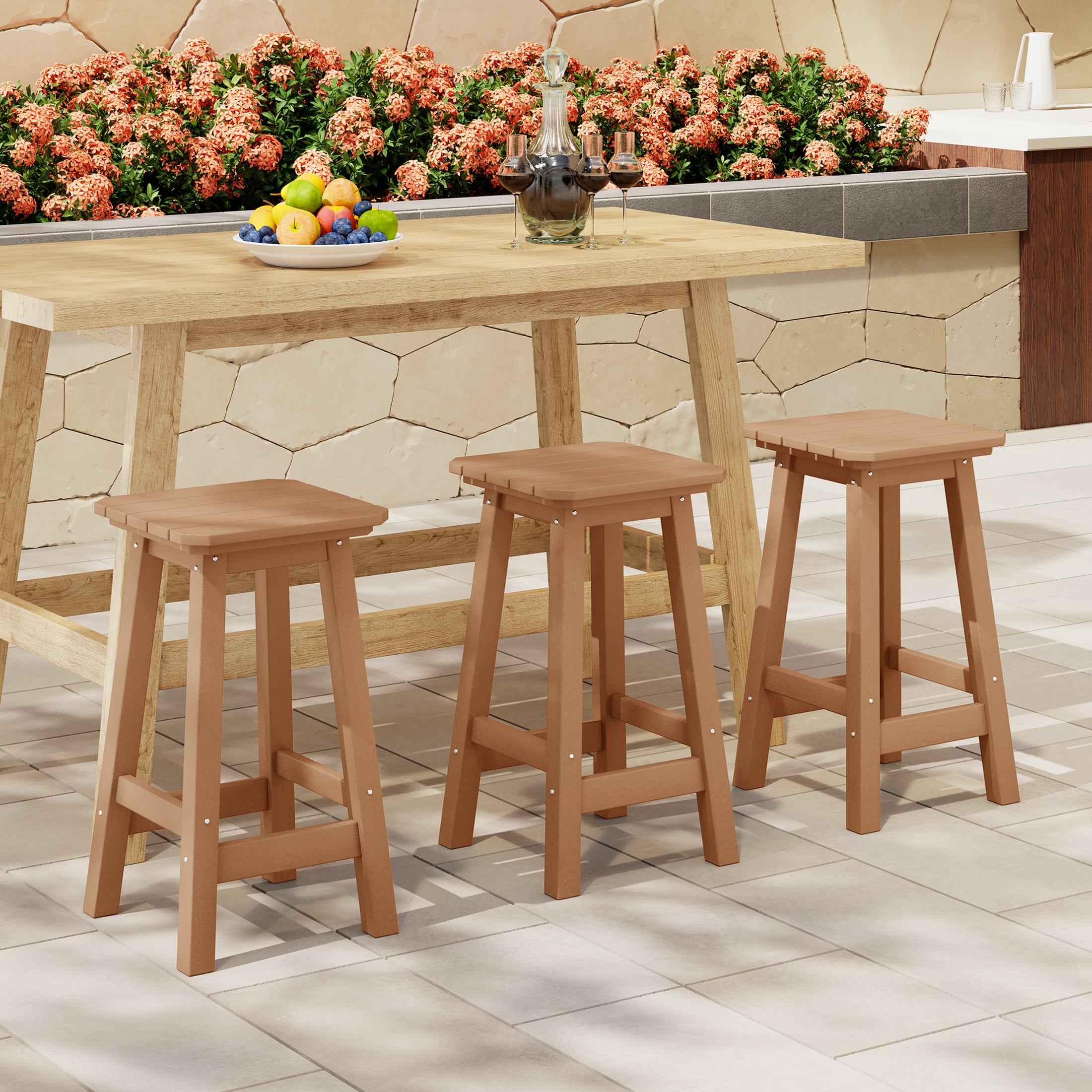 Paradise 24" Outdoor Patio HDPE Square Counter High Backless Bar Stools Set of Three