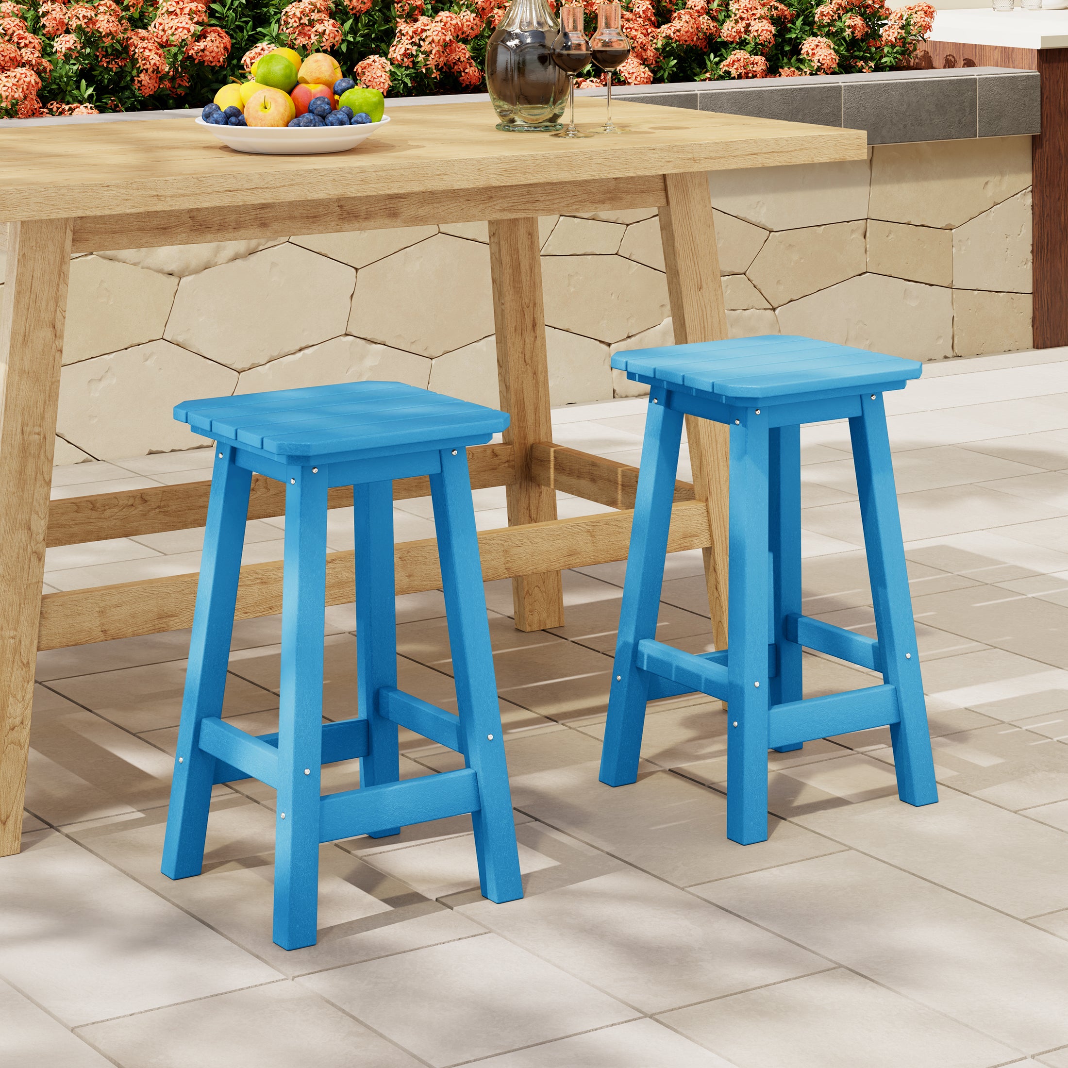 Paradise 24" Outdoor Patio HDPE Square Counter High Backless Bar Stools Set of Two