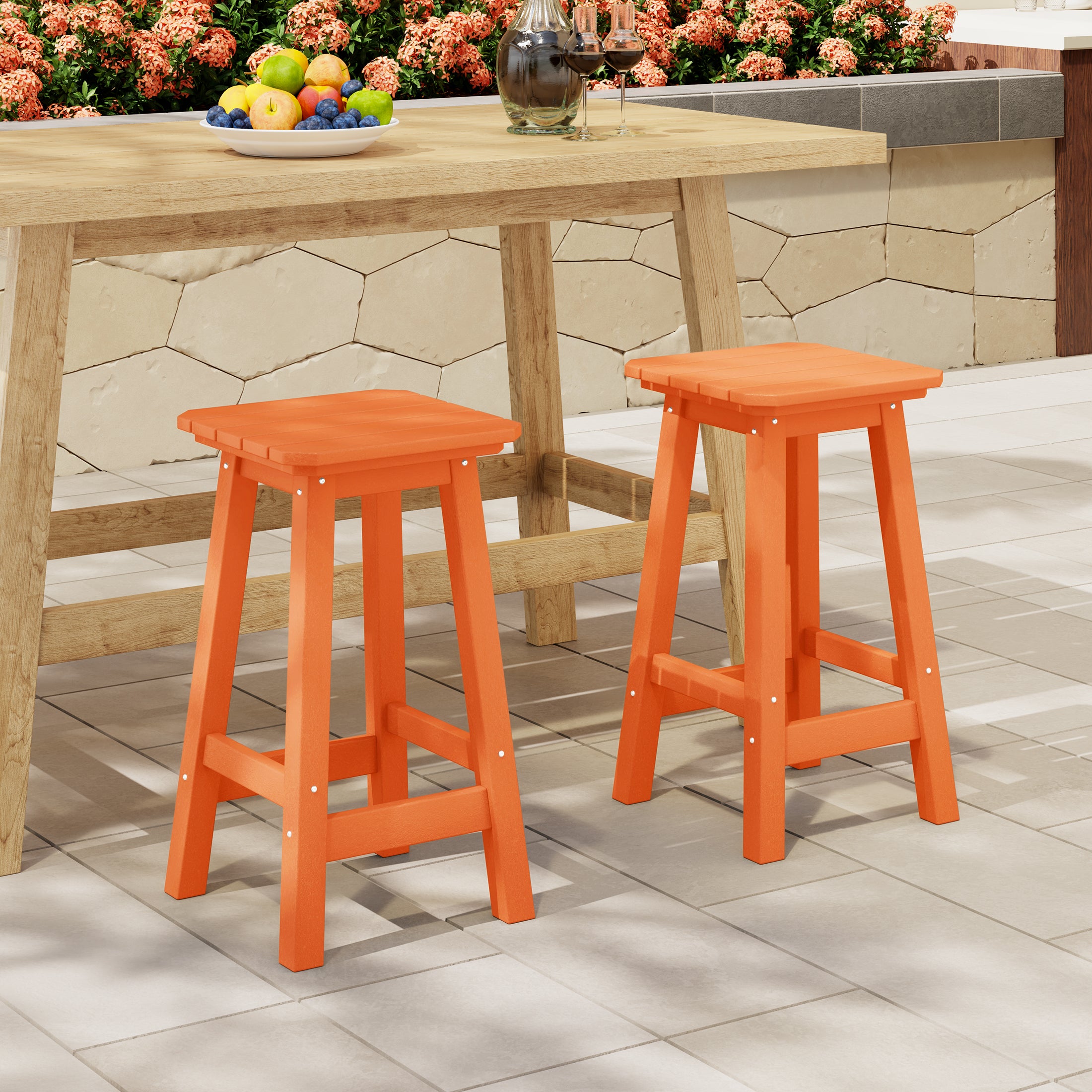 Paradise 24" Outdoor Patio HDPE Square Counter High Backless Bar Stools Set of Two