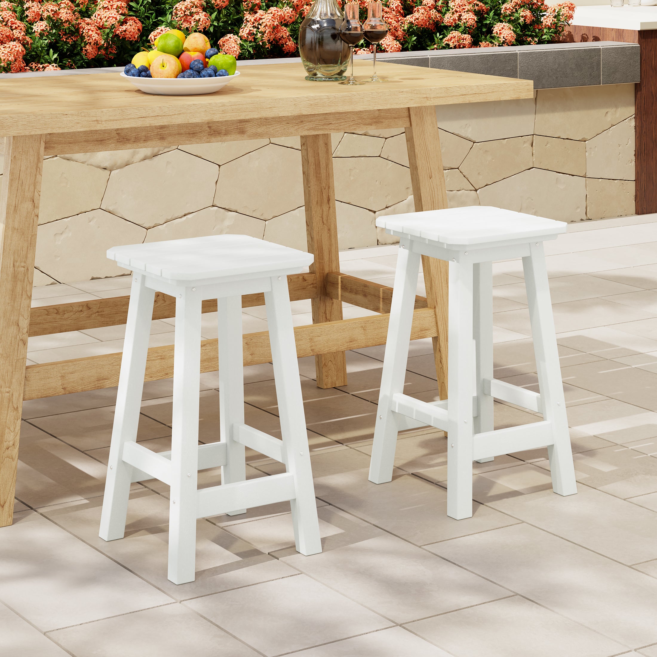 Paradise 24" Outdoor Patio HDPE Square Counter High Backless Bar Stools Set of Two