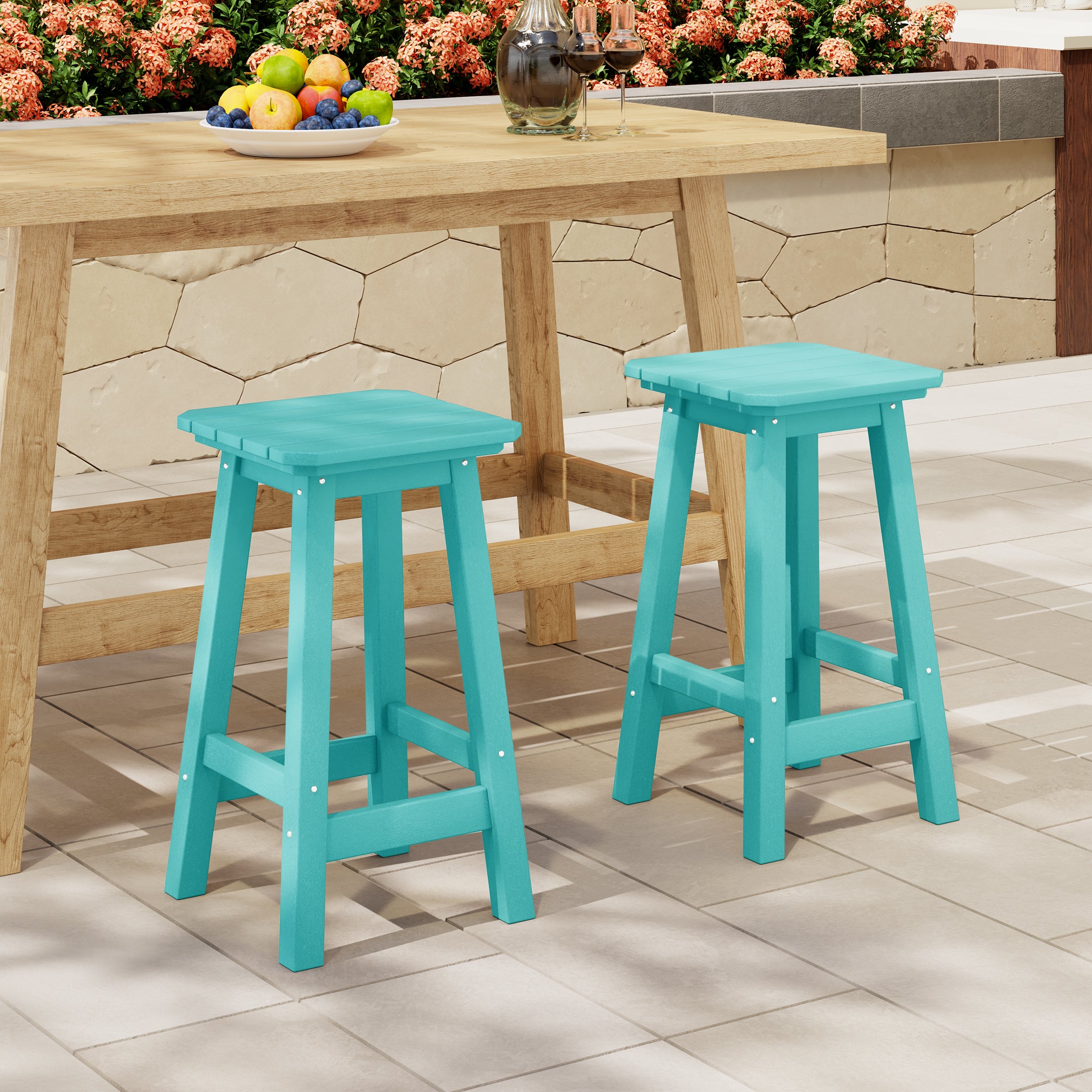 Paradise 24" Outdoor Patio HDPE Square Counter High Backless Bar Stools Set of Two