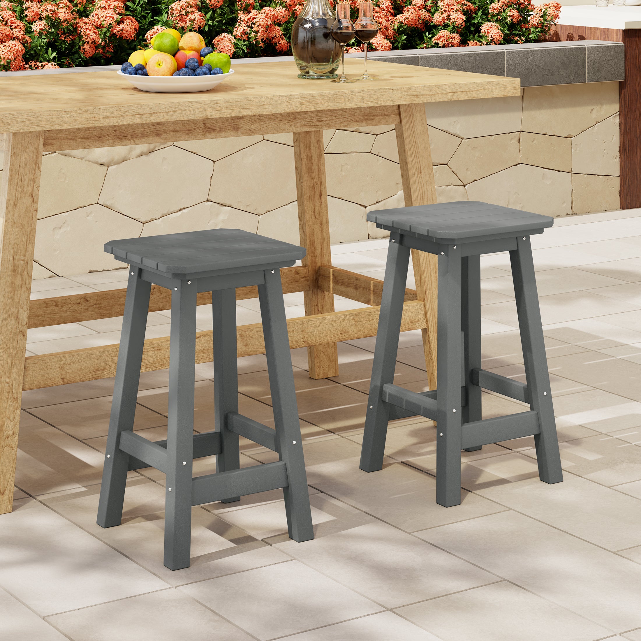 Paradise 24" Outdoor Patio HDPE Square Counter High Backless Bar Stools Set of Two