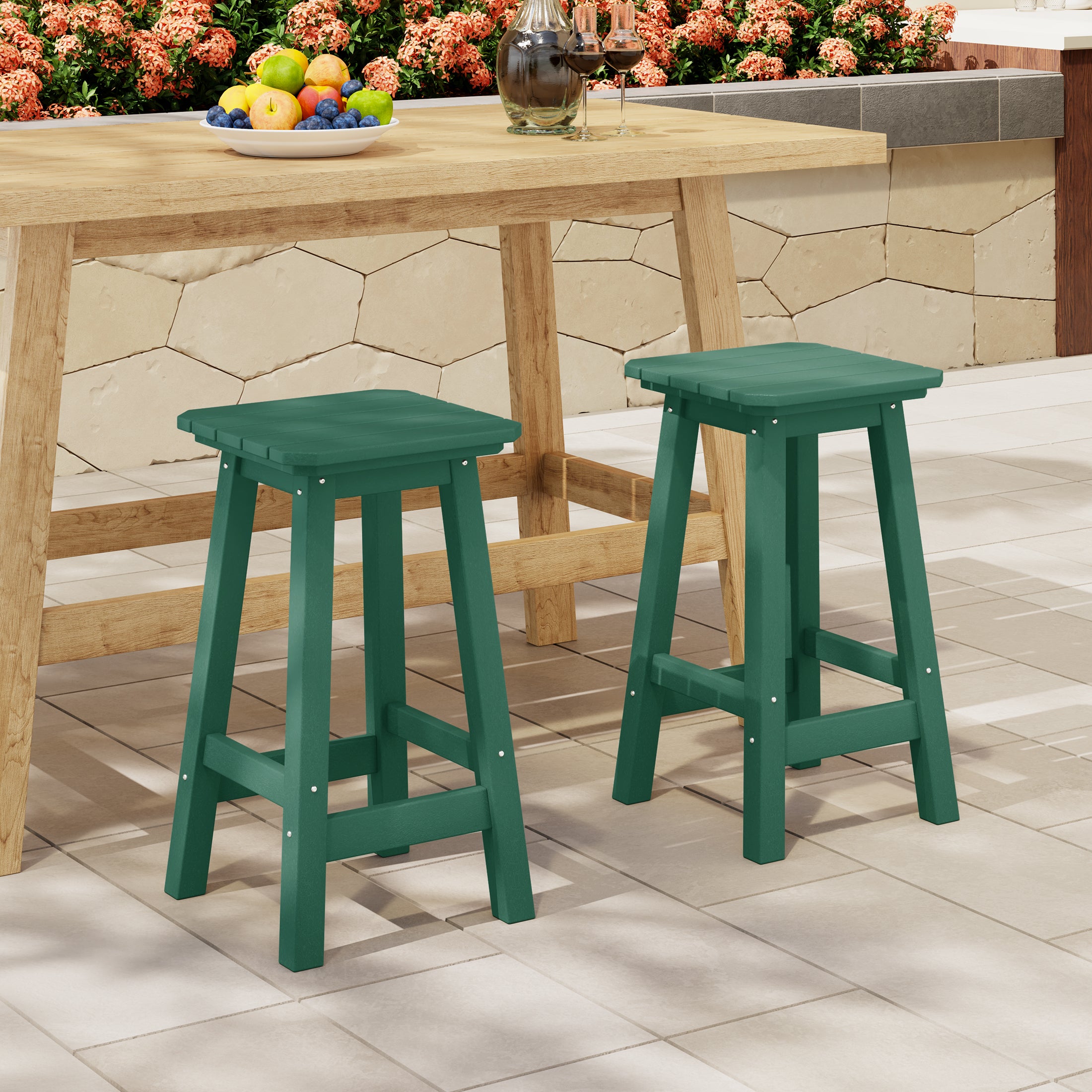 Paradise 24" Outdoor Patio HDPE Square Counter High Backless Bar Stools Set of Two