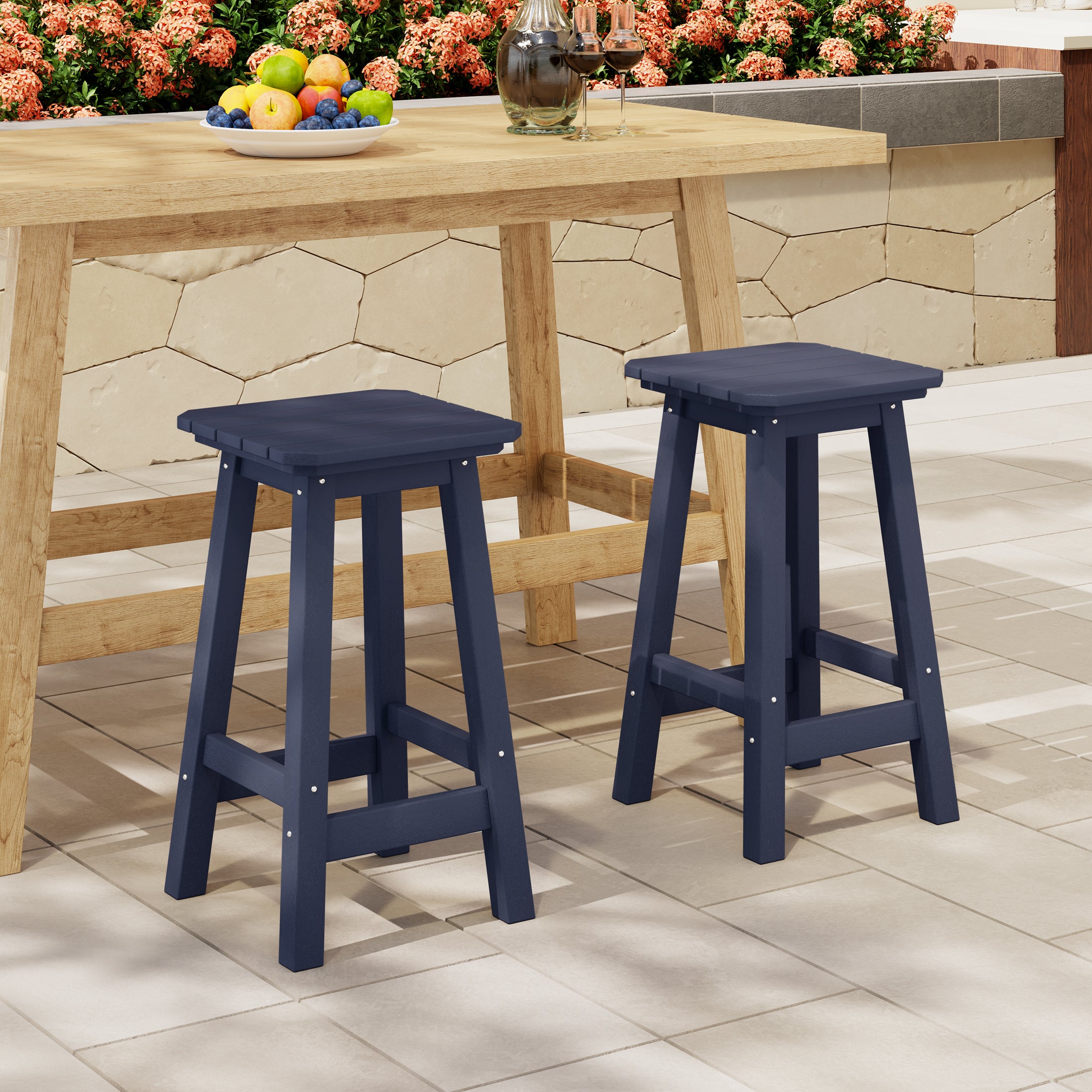 Paradise 24" Outdoor Patio HDPE Square Counter High Backless Bar Stools Set of Two