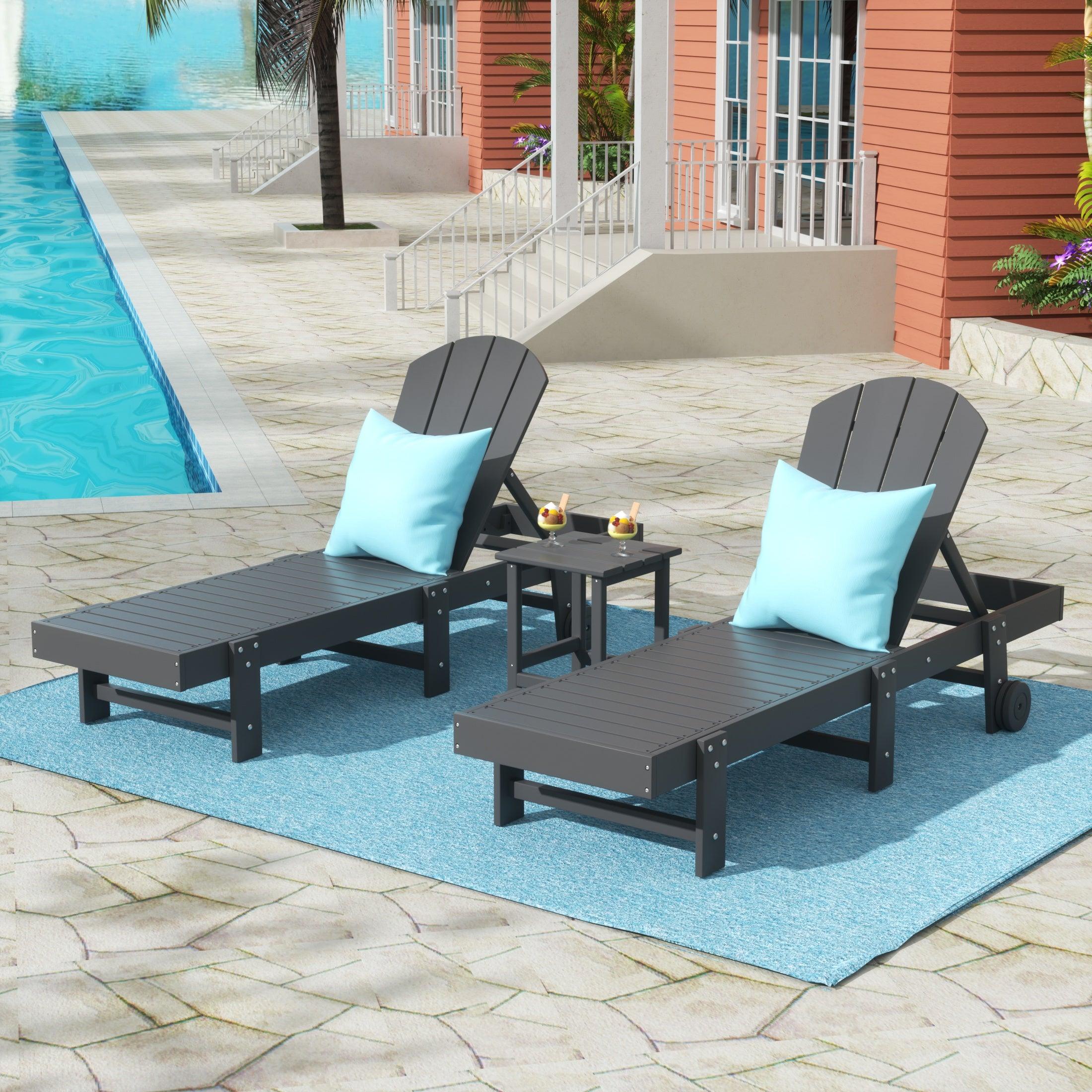 Paradise 3-Piece Outdoor Classic Poly Adirondack Chaise Lounge with Wheels and Square Side Table Set - Costaelm