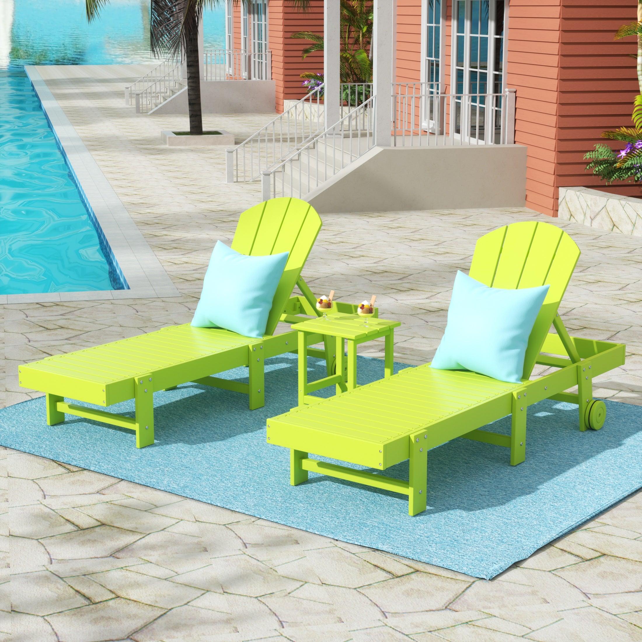 Paradise 3-Piece Outdoor Classic Poly Adirondack Chaise Lounge with Wheels and Square Side Table Set - Costaelm