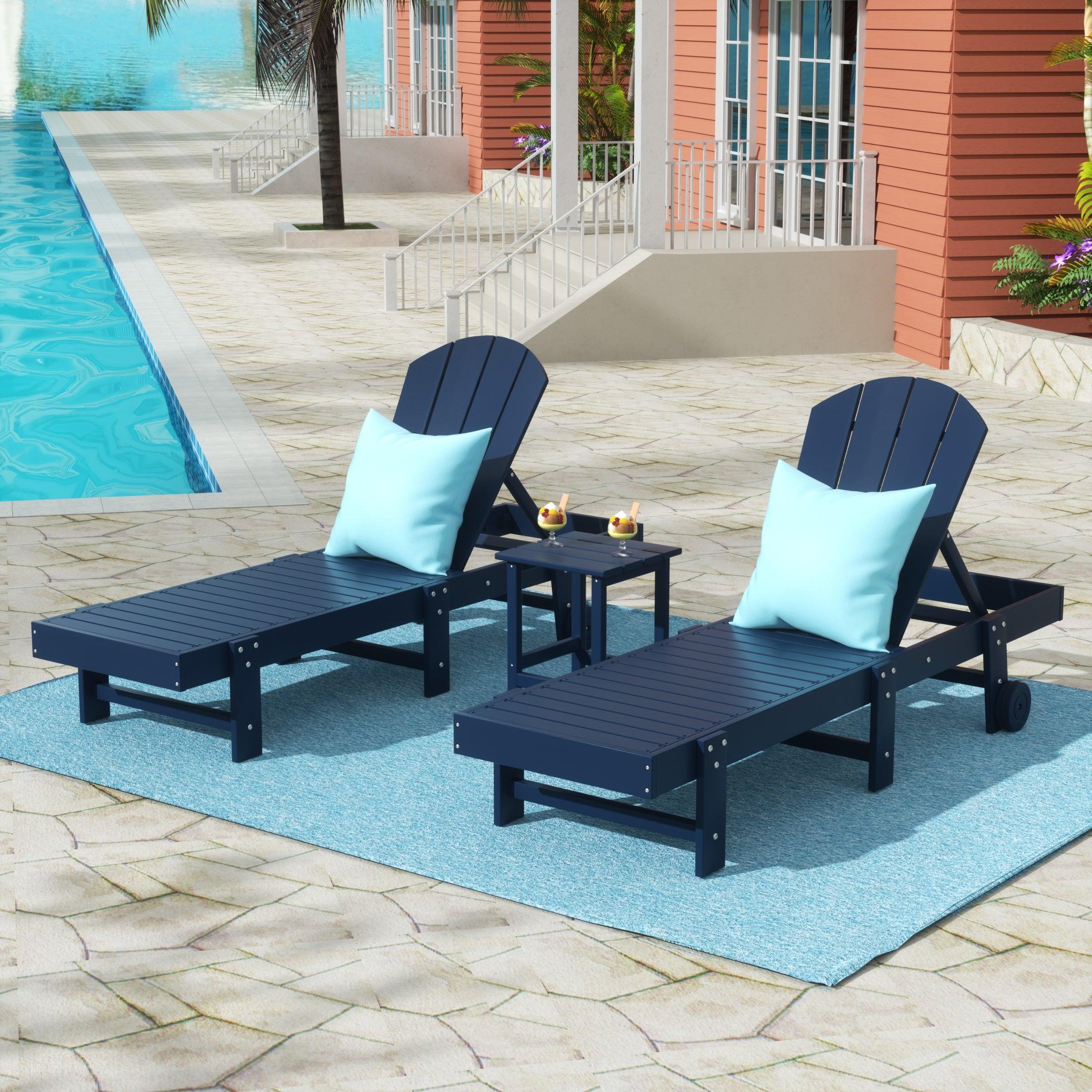 Paradise 3-Piece Outdoor Classic Poly Adirondack Chaise Lounge with Wheels and Square Side Table Set - Costaelm